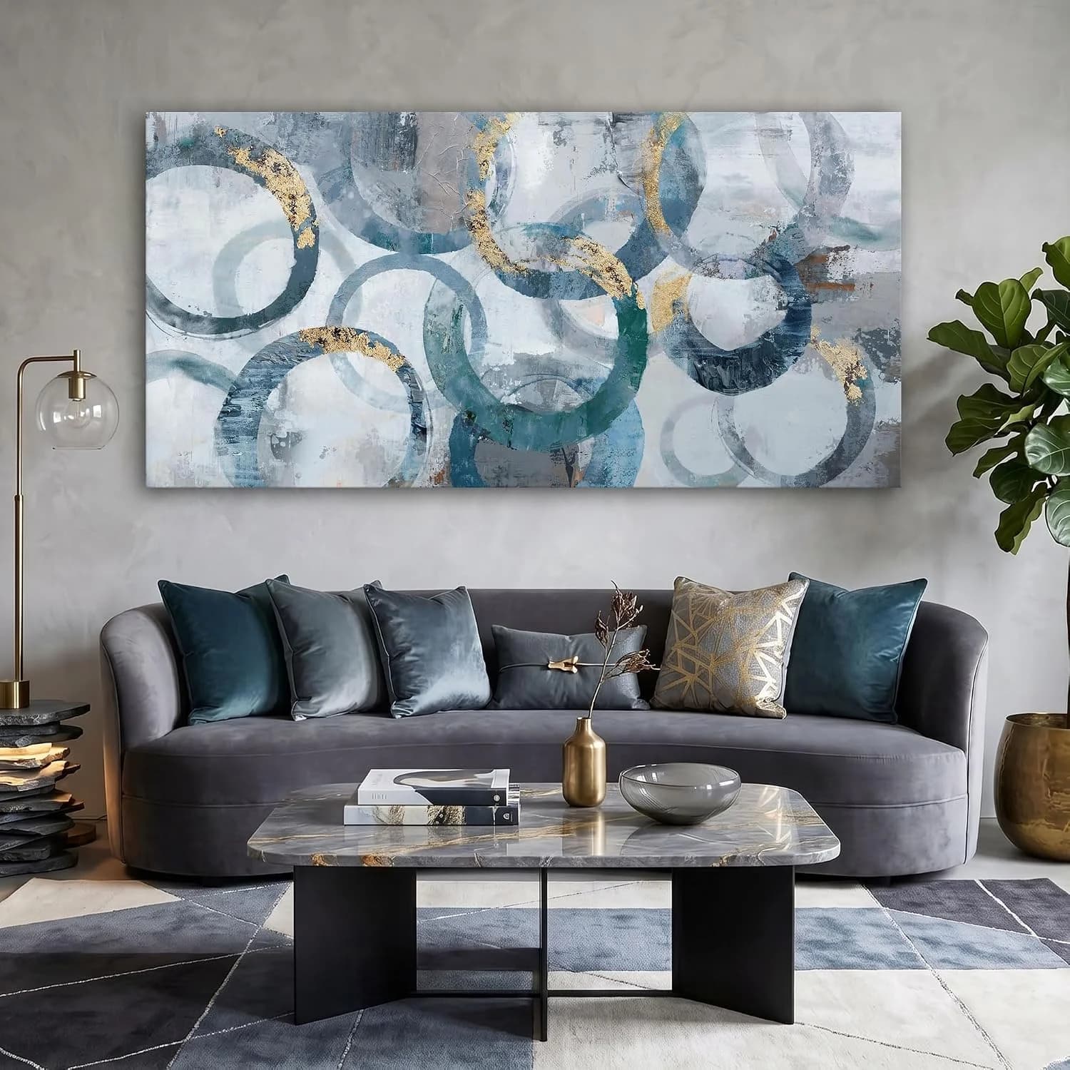 Abstract Canvas Wall Art, Modern Minimalist Wall Decor for Living Room - Blue, Teal Room Decorations, Framed 24x48IN