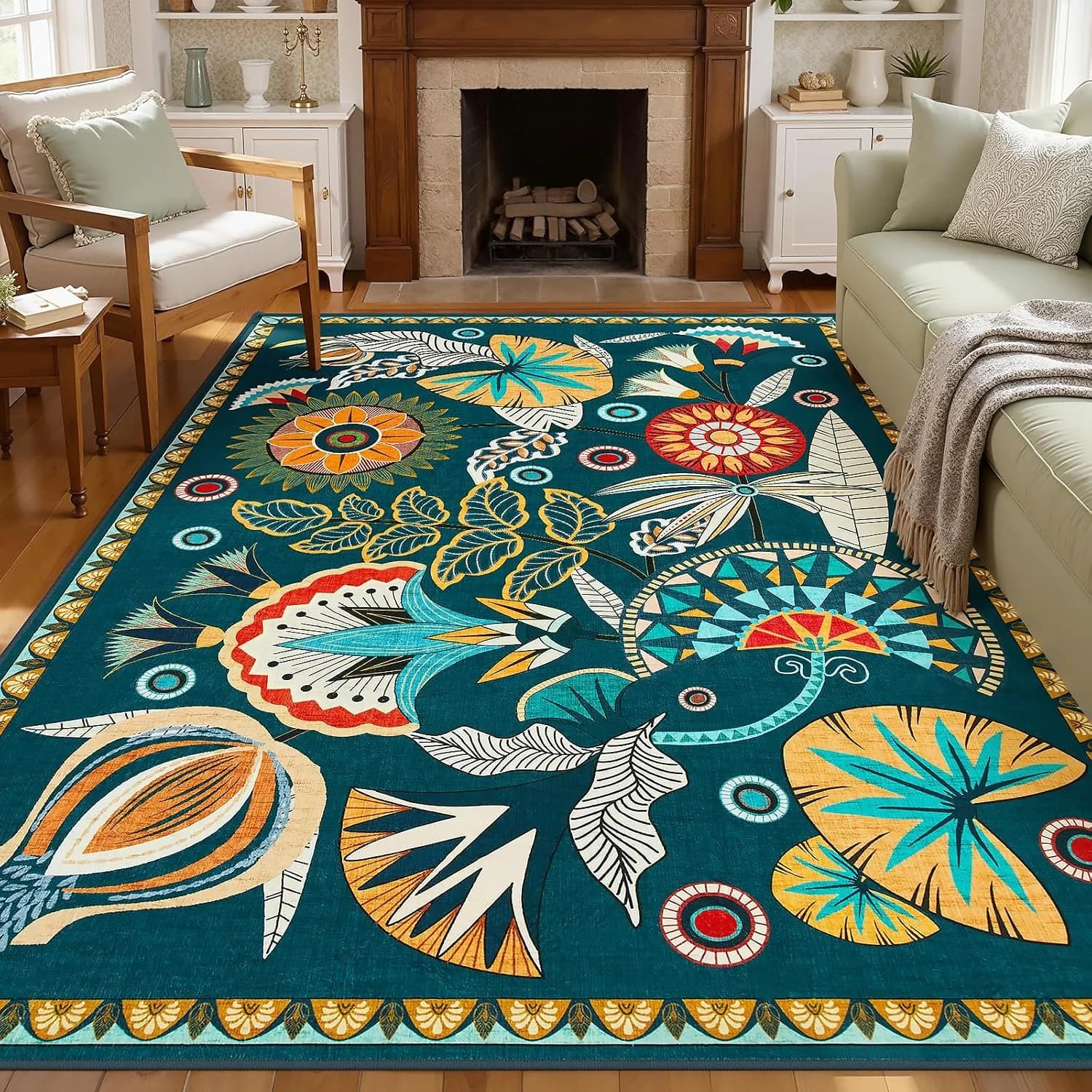 Joydeco Egypt Floral Machine Washable Living Room Bedroom Area Rugs 5x7