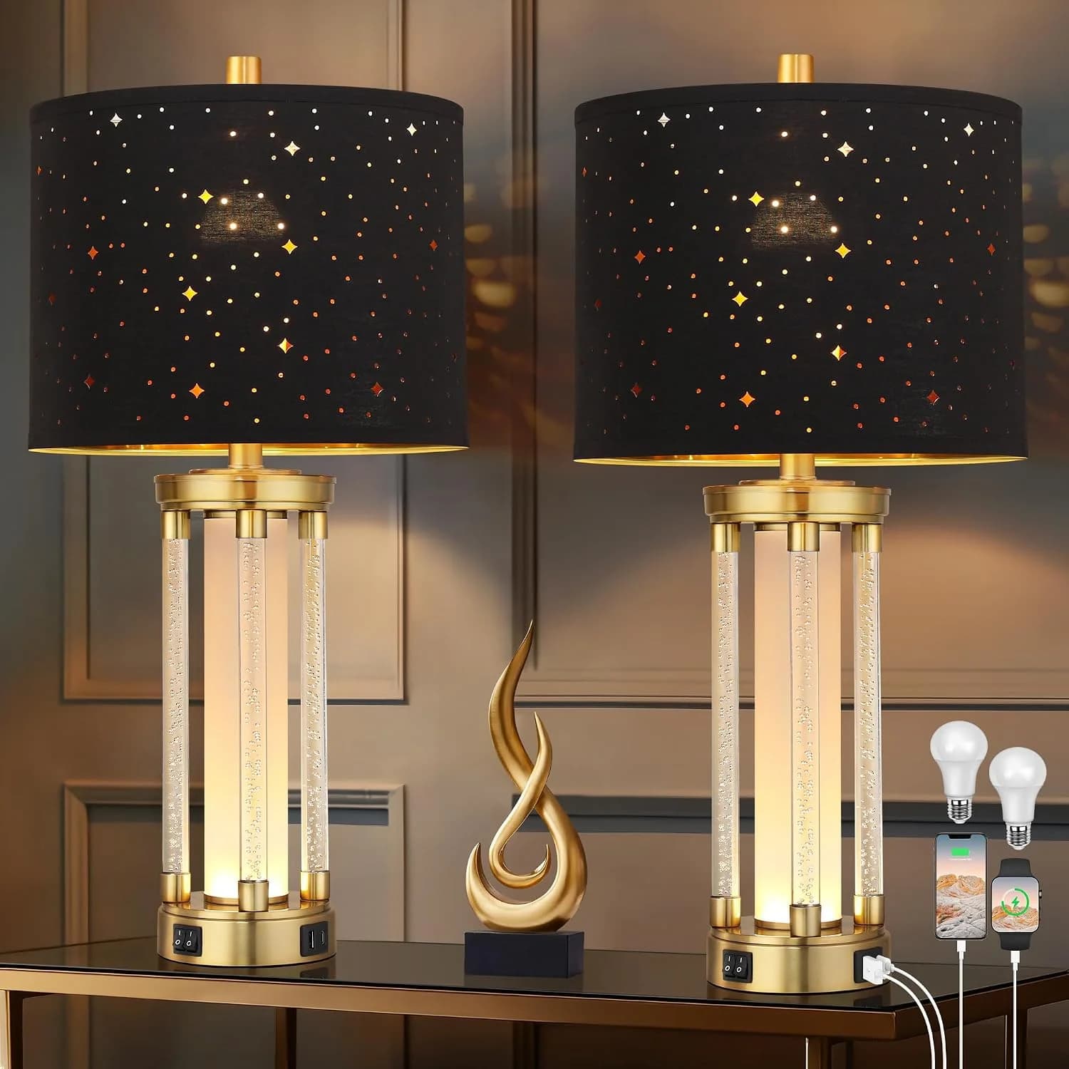 QiMH Set of 2 Industrial Table Lamps, Glass Beside Lamps for Living Room