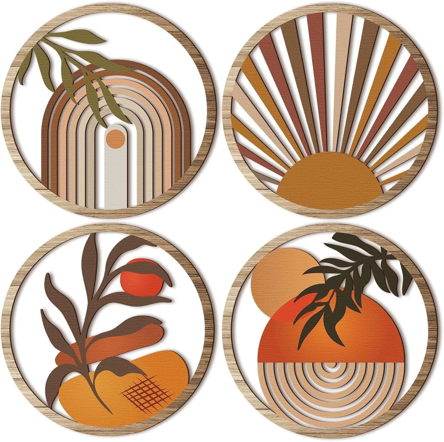 Qunclay 4 Pcs Boho Wall Art Bohemian Wood Round Circle Wall Decor Stylish