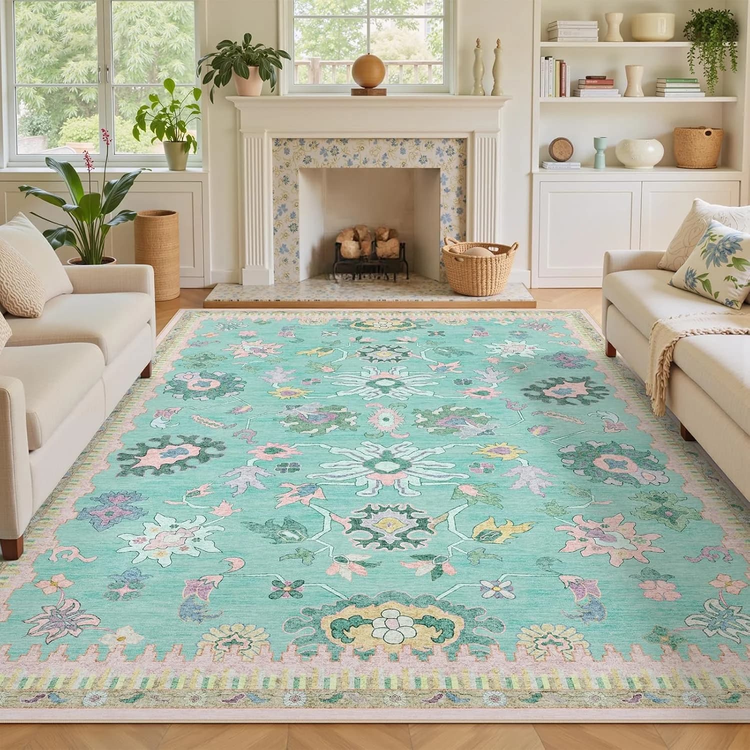 5x7 Washable Area Rugs - Modern Oushak Rug Vintage Floral Carpet for Living Room Non-Slip Low Pile Soft Machine Washable