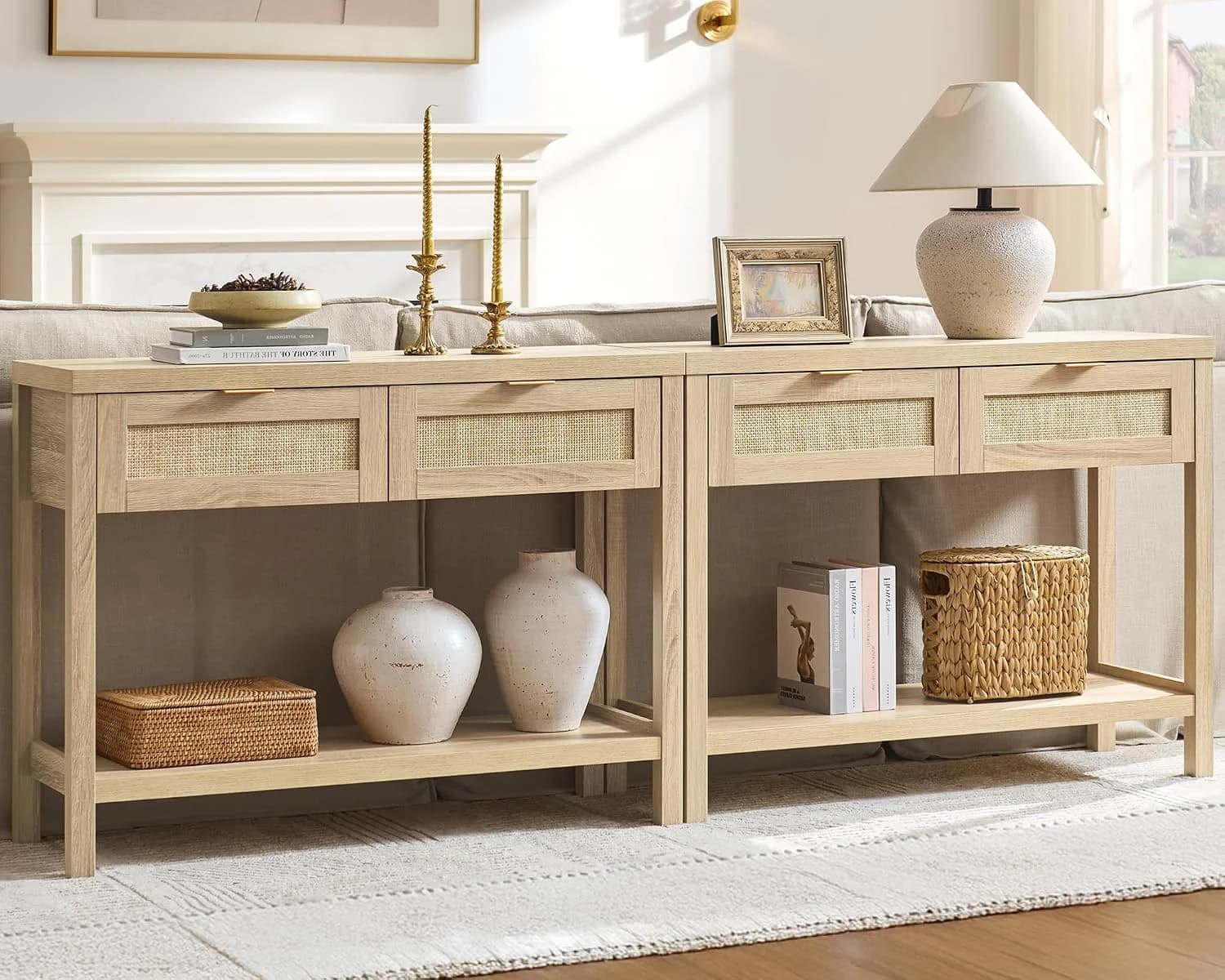 SICOTAS 79" Rattan Console Table with Drawers, Boho Entryway Sofa Table