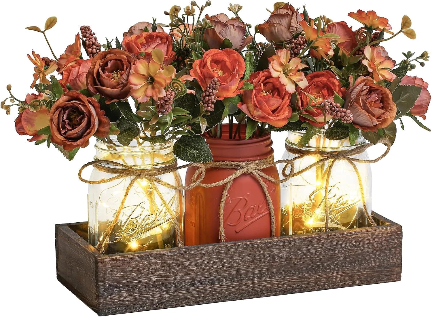 3 Pcs Mason Jar Centerpiece Table Decorations for Dining Table Decor Farmhouse Coffee Table Decor with Wood Tray and Led