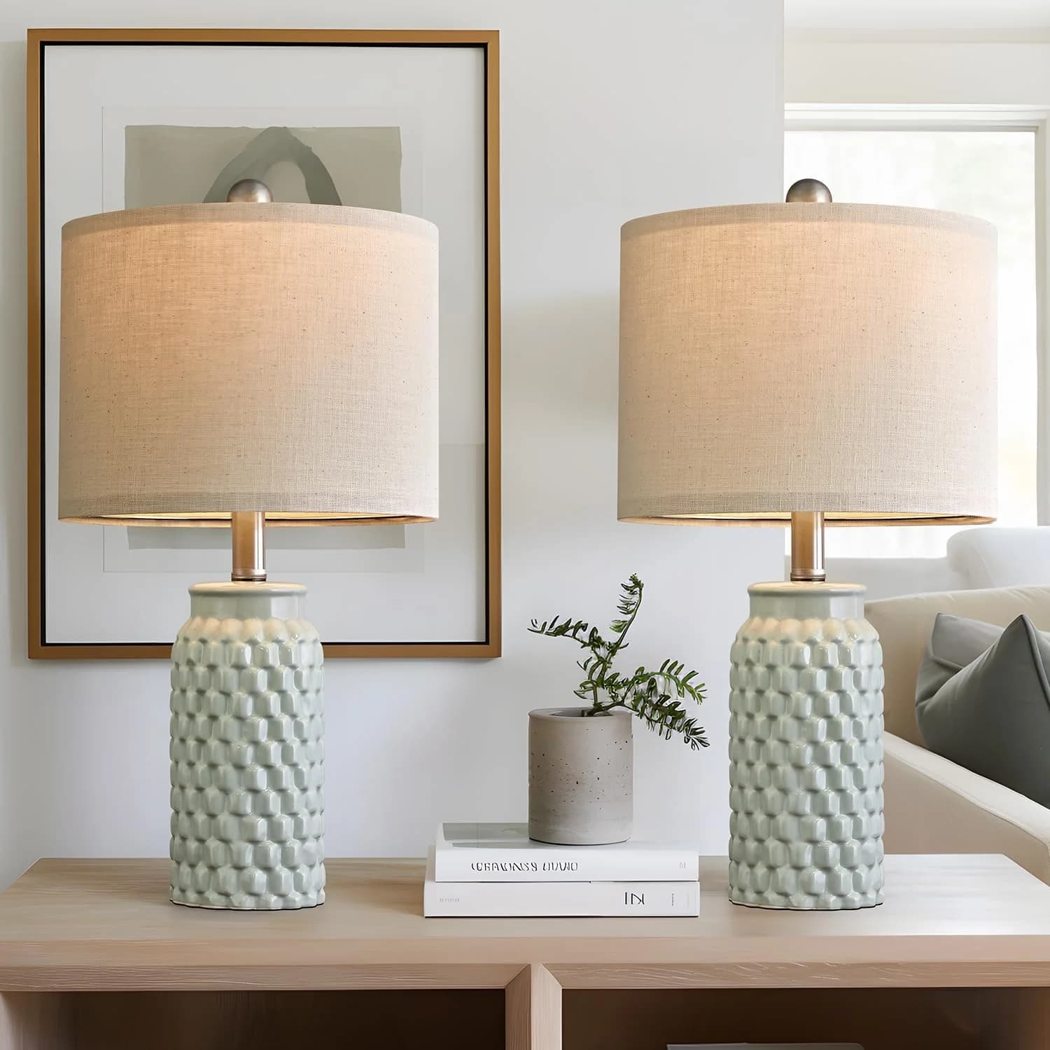 USumkky 20.5 inches Modern Ceramic Green Bedside Lamp Set of 2 for Bedroom Decor Farmhouse Table Lamp for Living Room Of