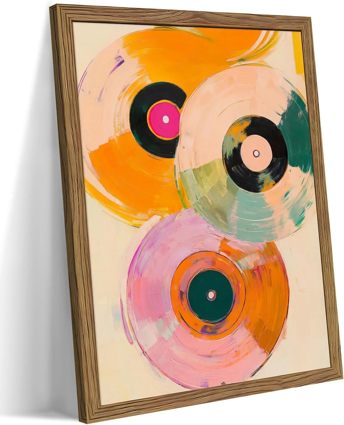 Vintage Vinyl Record Wall Art - Framed Canvas Music Decor for Living Room & Studio, Colorful Abstract Oil Painting in Wo