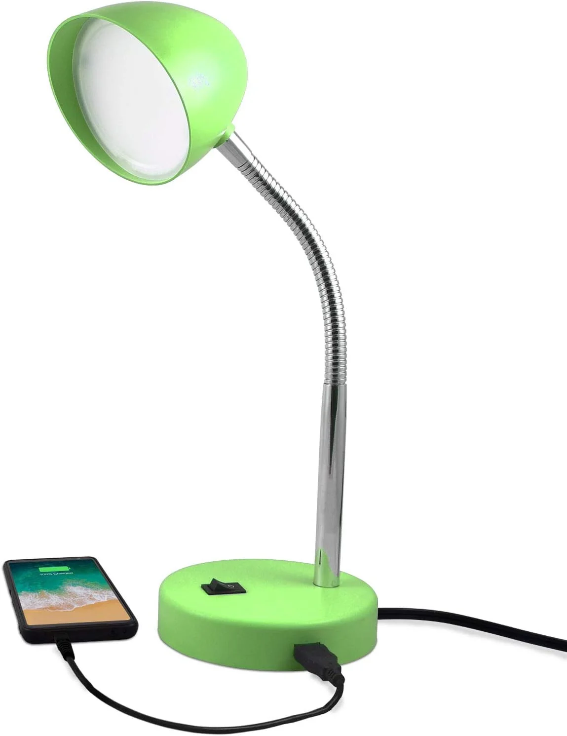 MaxLite LED Desk Lamp with USB Charging Port, Green Desk Lamp, Adjustable Neck, On/Off Switch, Modern Table Lamp for Rea