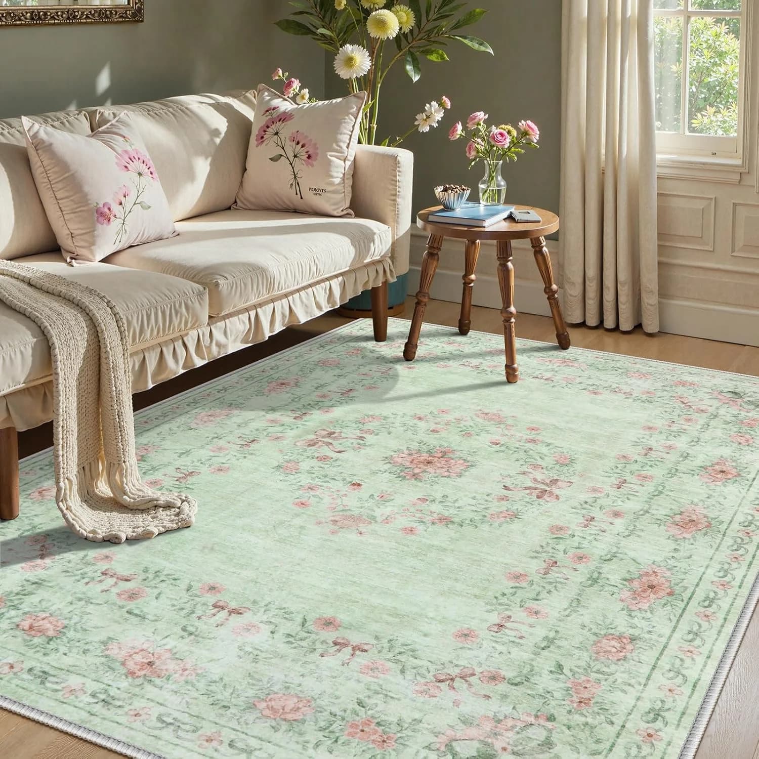 Wonnitar Floral Bow Print Washable Rugs 5x7, Sage Green Rug for Living Room, Ultra-Thin Non Slip Soft Boho Carpet for Di