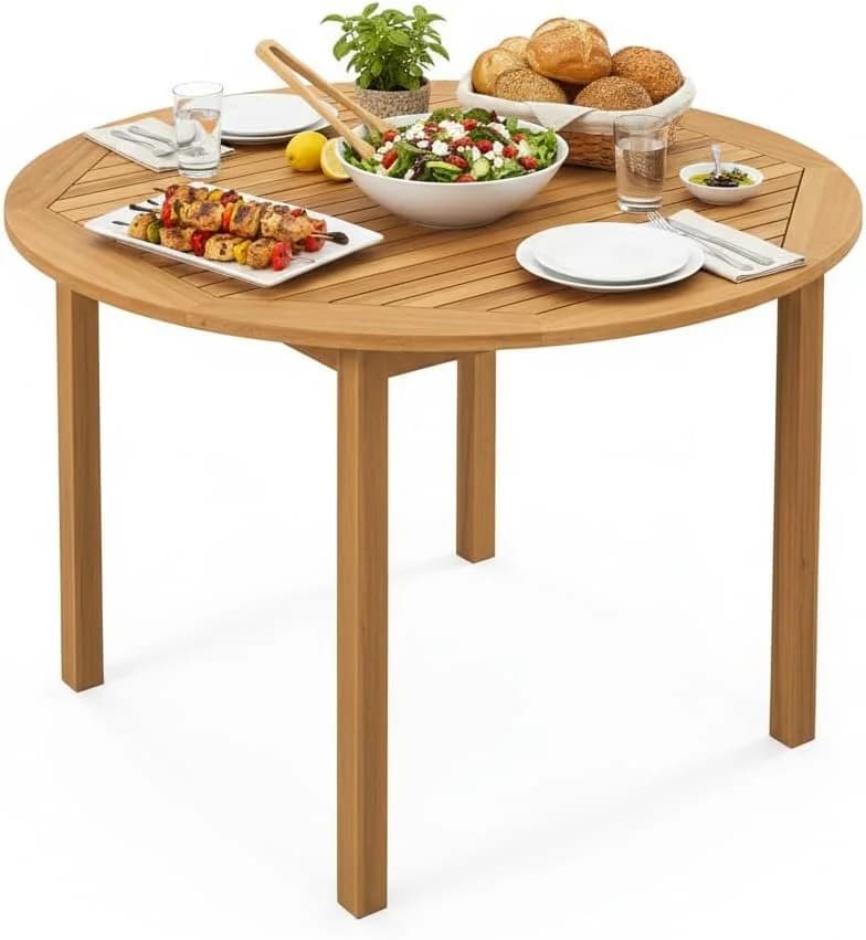 Tangkula 39.5" Round Outdoor Dining Table for 4, Acacia Wood 4-Person Large Patio Dining Table, Farmhouse Indoor Outdoor