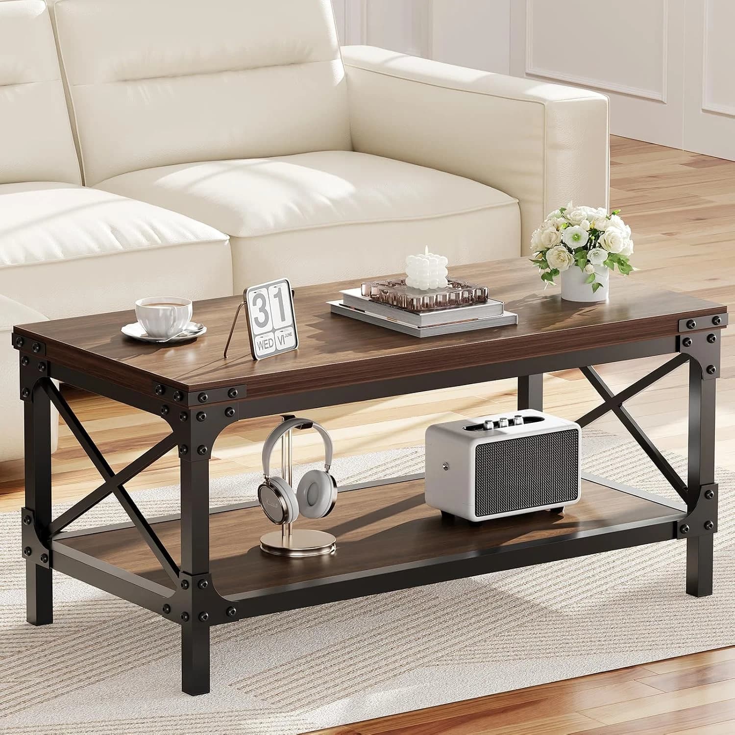 Rectangle Coffee Tables for Living Room, Wood Rectangular Coffee Table, 2 Tier Dark Brown Modern Center Table with Thick