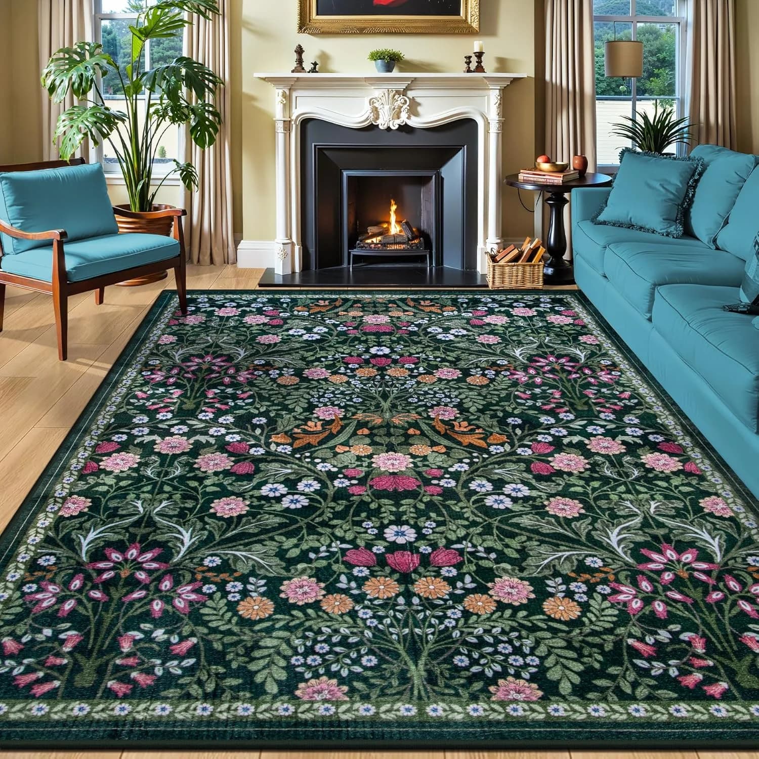 PLHXFR 8x10 Area Rug Living Room: Floral Washable Boho Carpet Dark Green