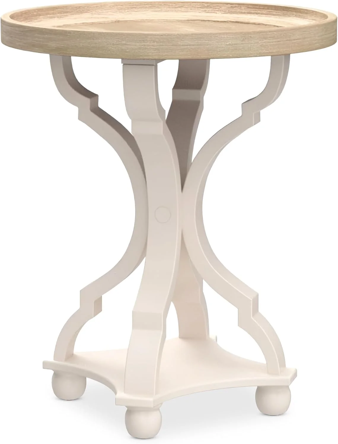 COZAYH Farmhouse Cottagecore End Table, Rustic Wood Tray Top Round Accent Table with White Curved Legs for Family Room,