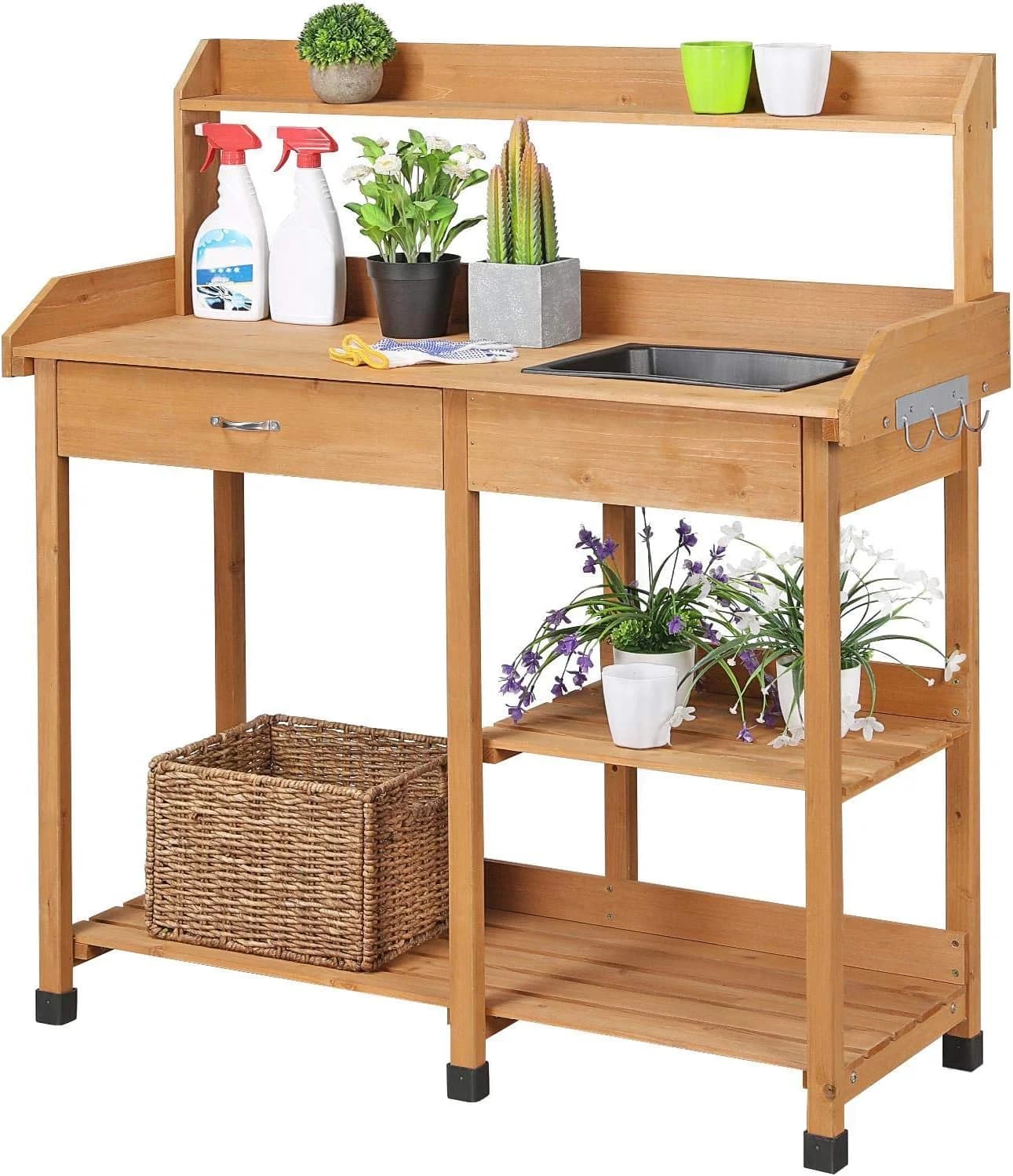 Yaheetech Potting Bench with Sink & Drawer, Outdoor Gardening Table, Wood