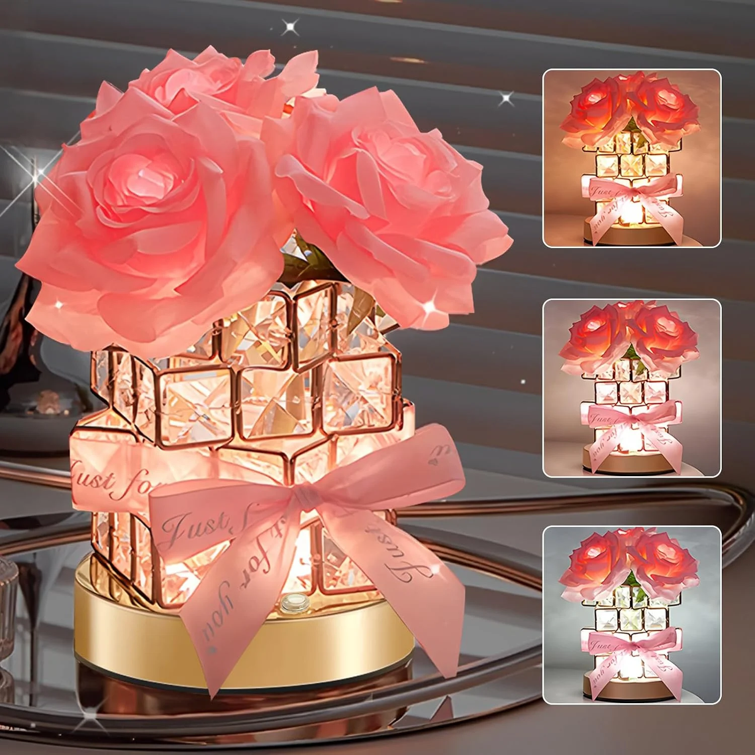 Mothers Day Gifts for Mom Mother Grandma, Flower Cordless Crystal Table Lamp,3 Color Dimming Rechargeable Forever Rose B