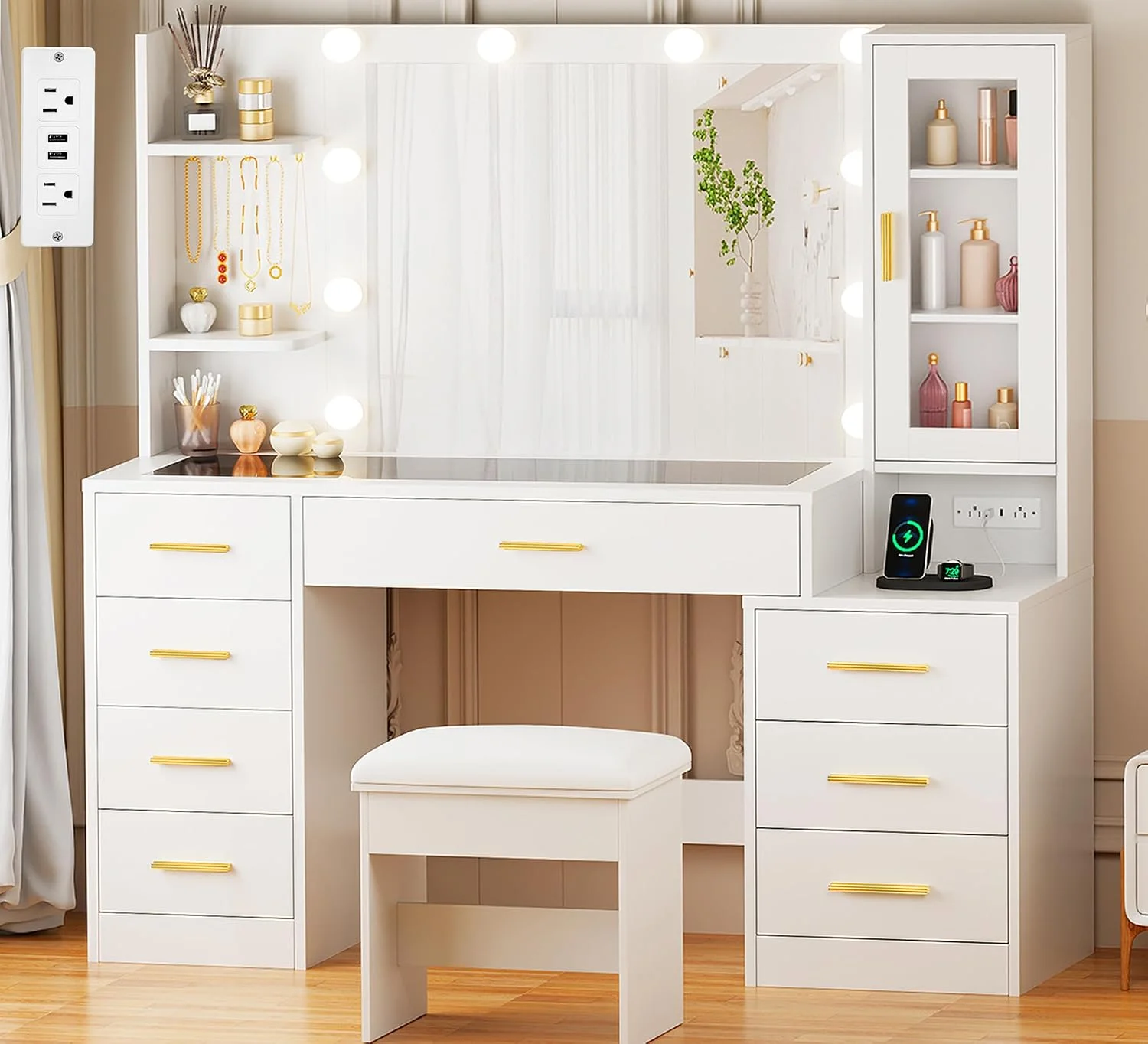 ANWBROAD 49.2" Large Vanity Desk with Mirror and Lights, Glass Top Vanity