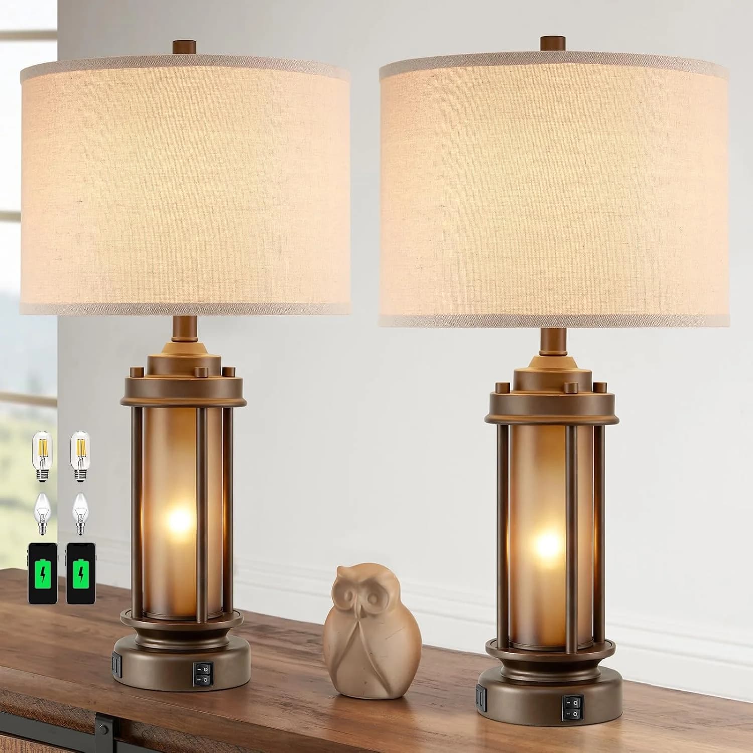 AIEAMPDO Set of 2 Farmhouse Table Lamps with 2 USB C+A Ports