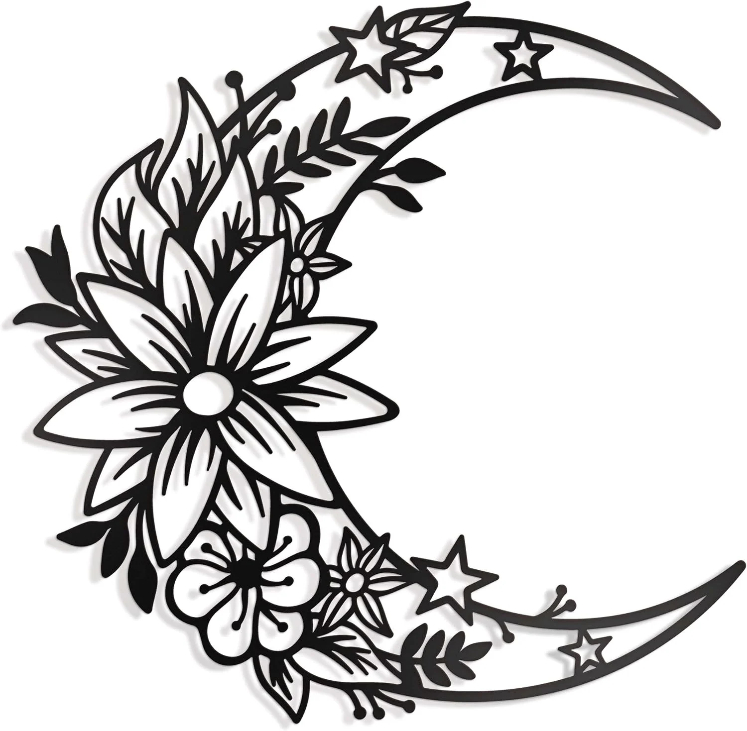 Vivegate Moon Metal Floral Art Decor - 14"X13.5" Black Boho Large Floral and Star Phase Wall Signs for Half Moon Flower