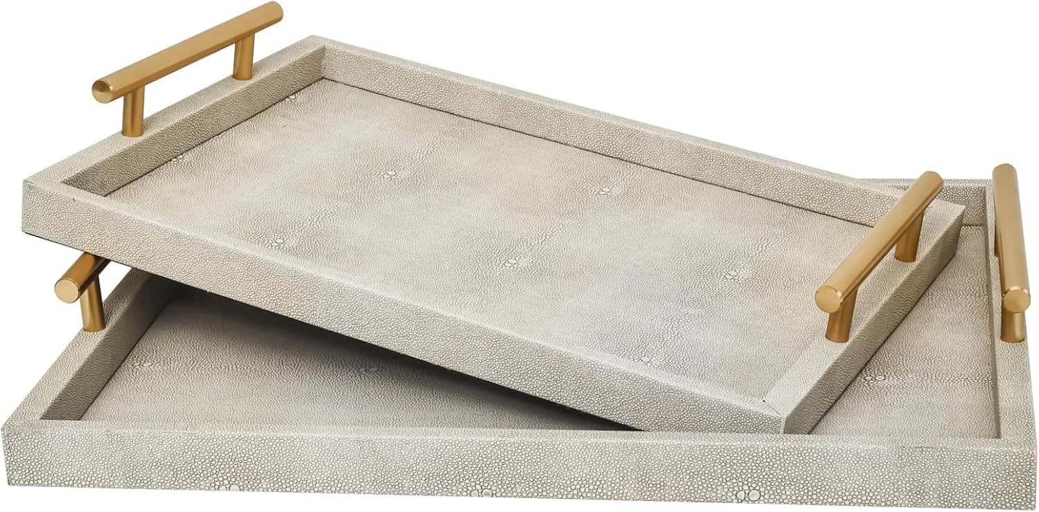 Modern Decorative Tray Set of 2 Ivory Shagreen Leather and Wood Serving Tray with Gold Polished Metal Handles for Ottoma