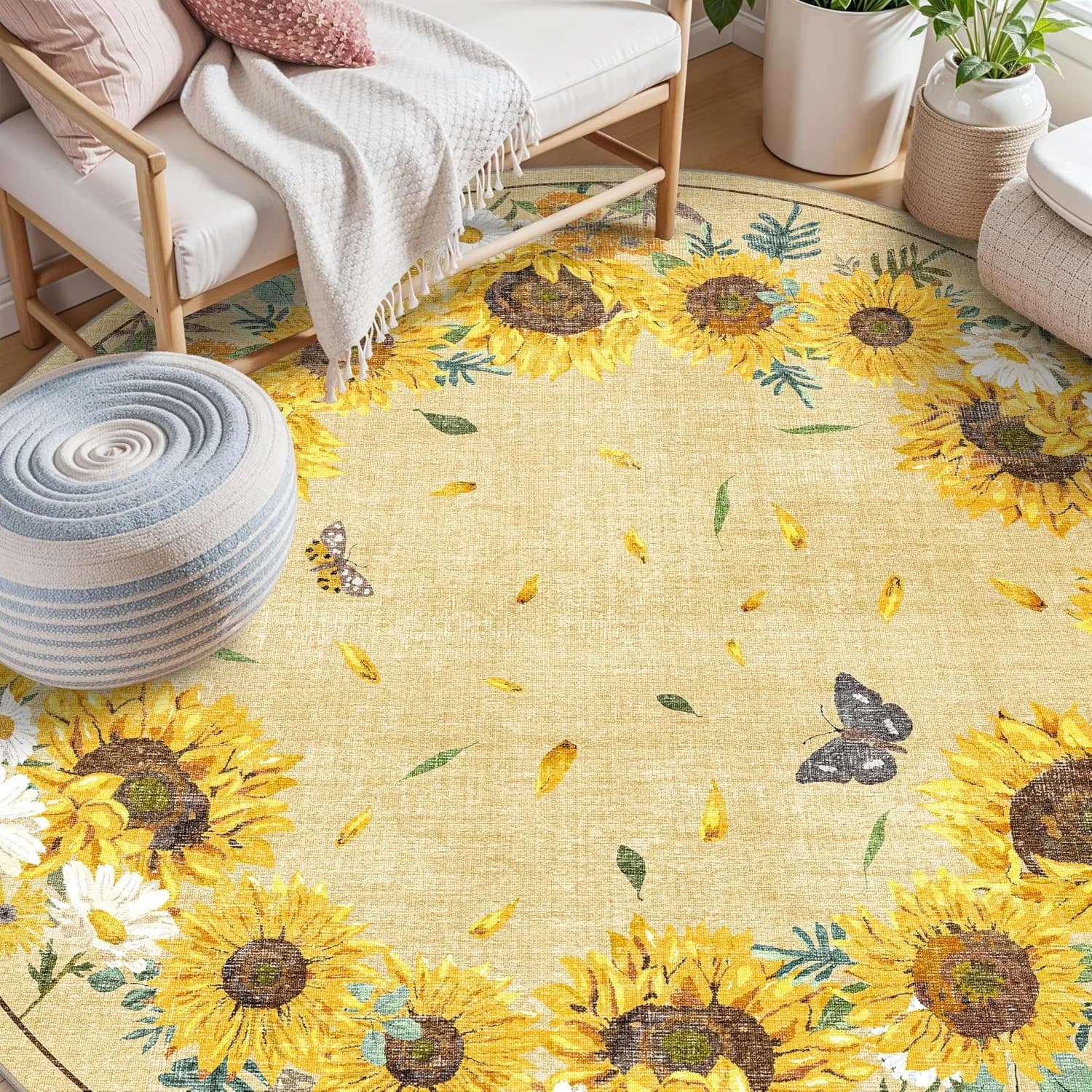 Sunflower Round Rugs 6ft Dining Room: Washable Easy Clean Family with Pets