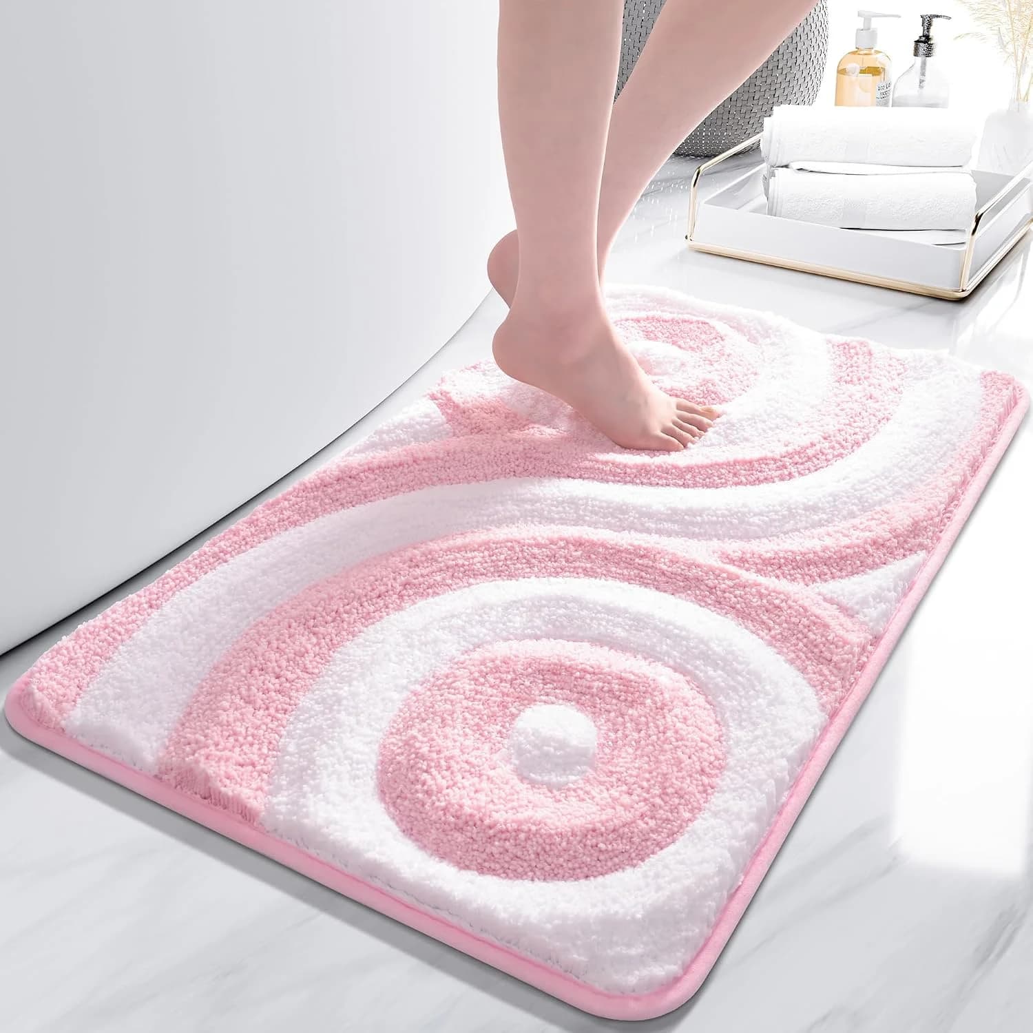 QJHOMO Pink and White Cute Bathroom Rugs Non Slip Bath Mat Modern Aesthetic Bathroom Decor, Geometric Striped Bath Rug F