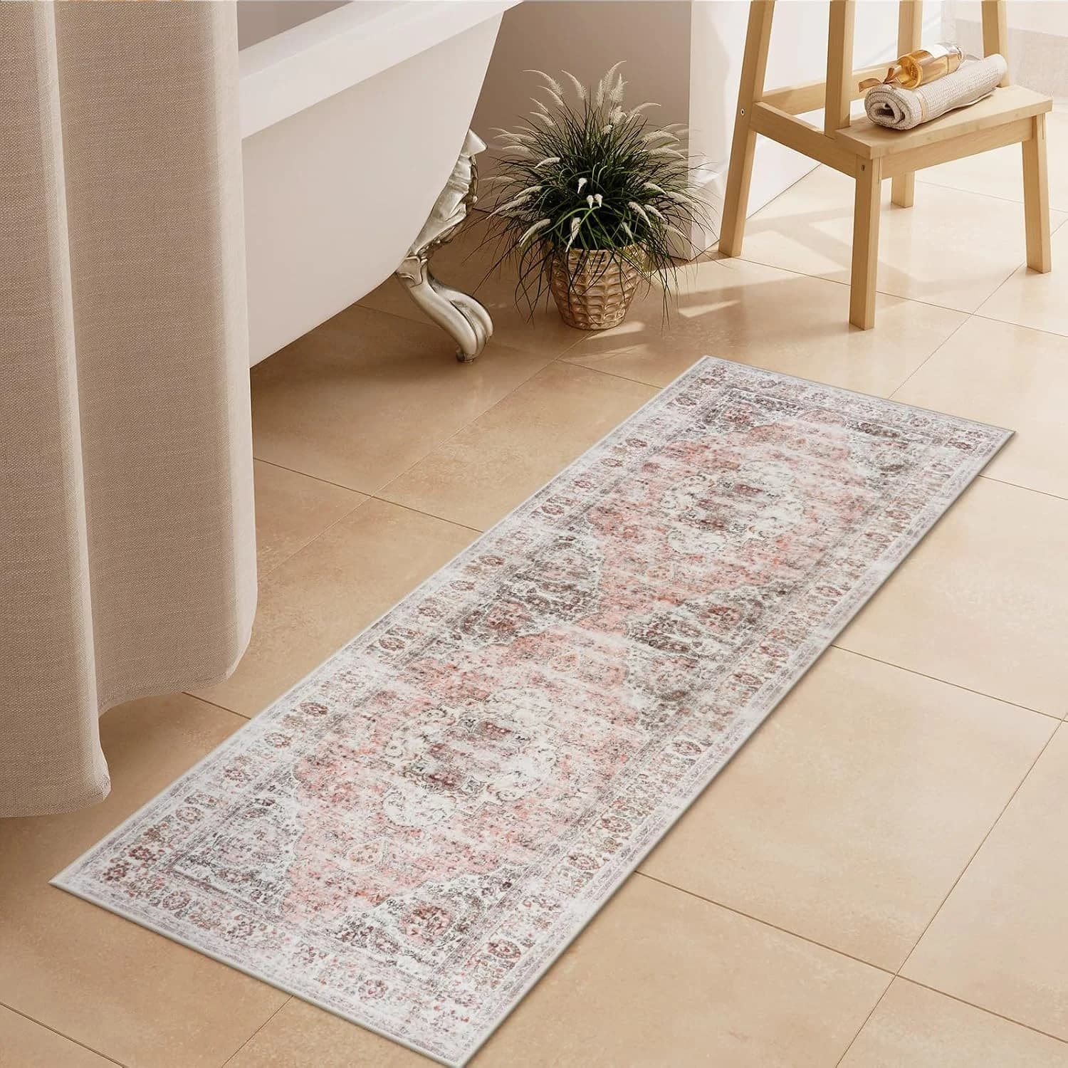 Uphome Bathroom Rugs Runner, Distressed Farmhouse Boho Blush Pink Bath Mat, Non Slip Washable Long Bath Rugs, Vintage Tr