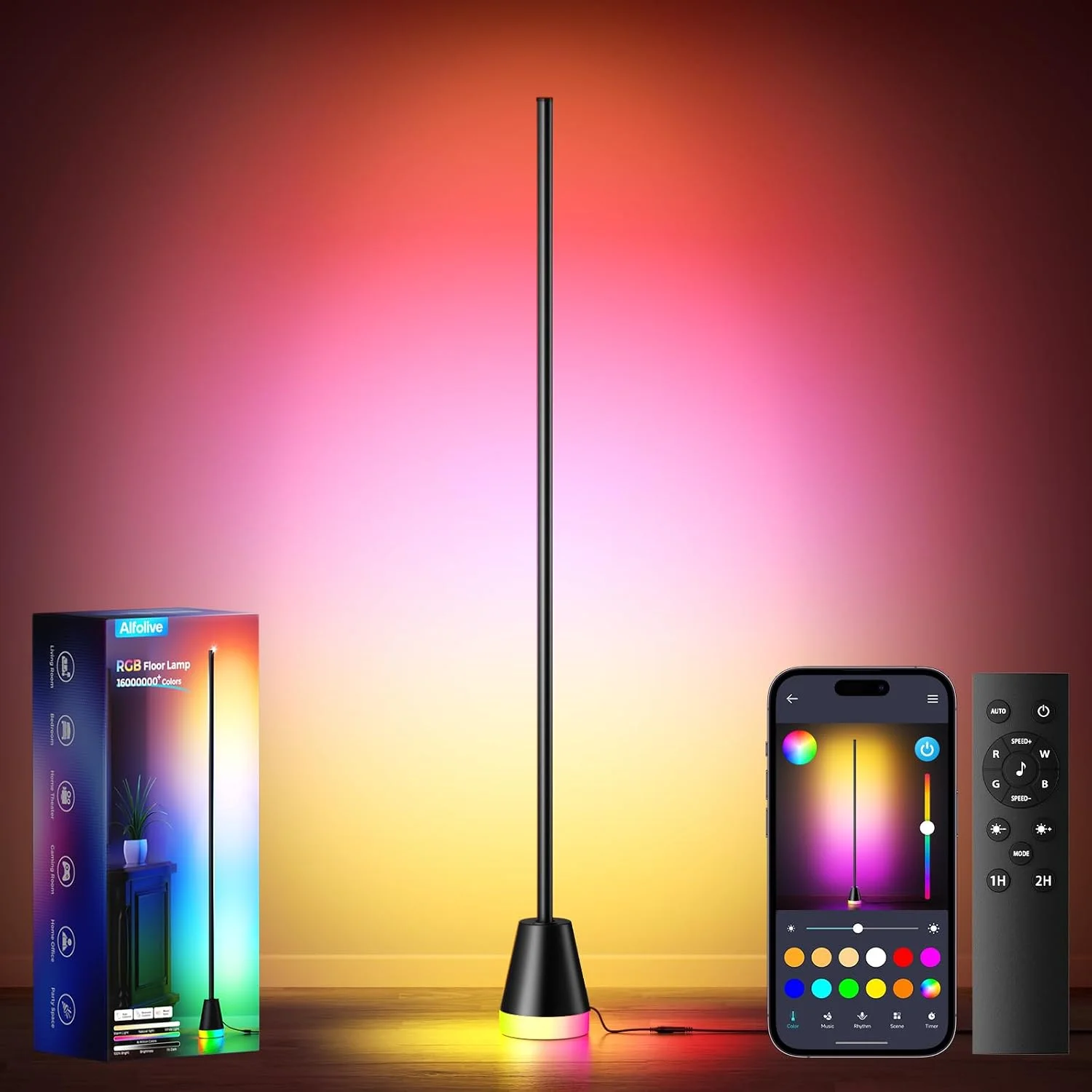 RGB Corner Floor Lamp, Smart Modern LED Mood Light, Glossy Black
