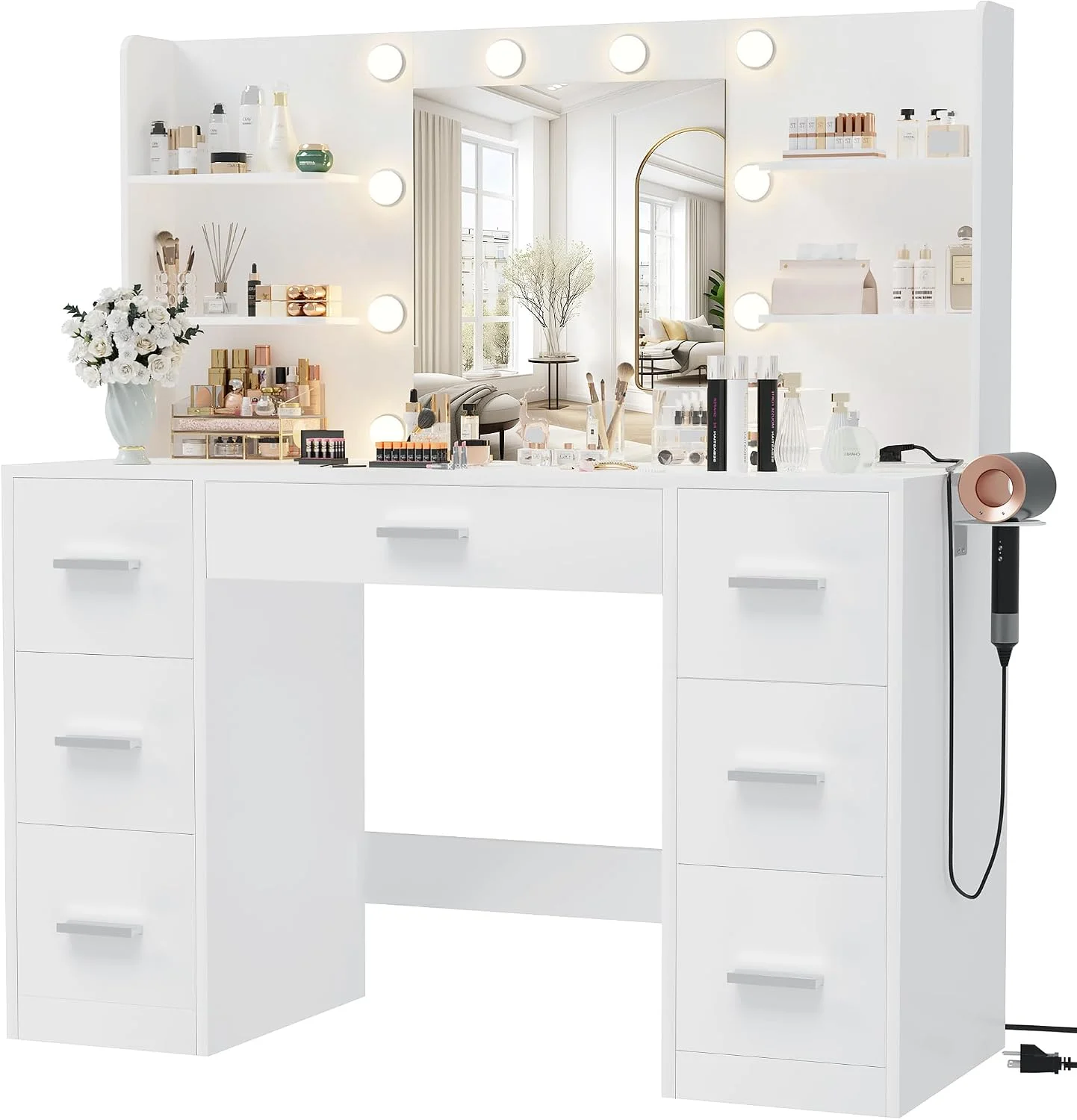 Furmax Vanity Desk with LED Mirror,Power Outlet,7 Drawers Makeup Table