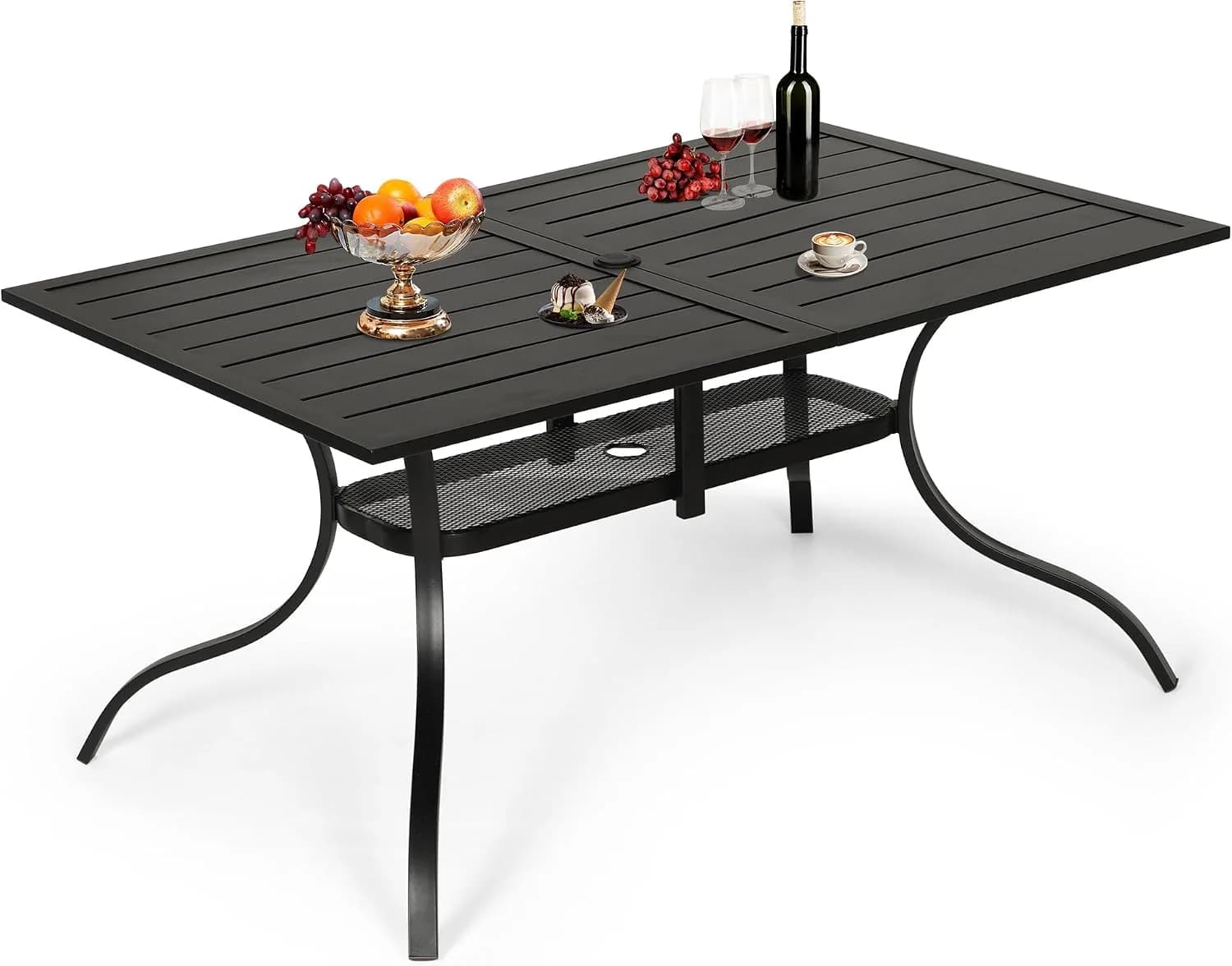 Patio Dining Table, 60" x 37"Outdoor Rectangular Metal Table,1.57" Umbrella Hole, for Backyards, Porches, Gardens or Poo