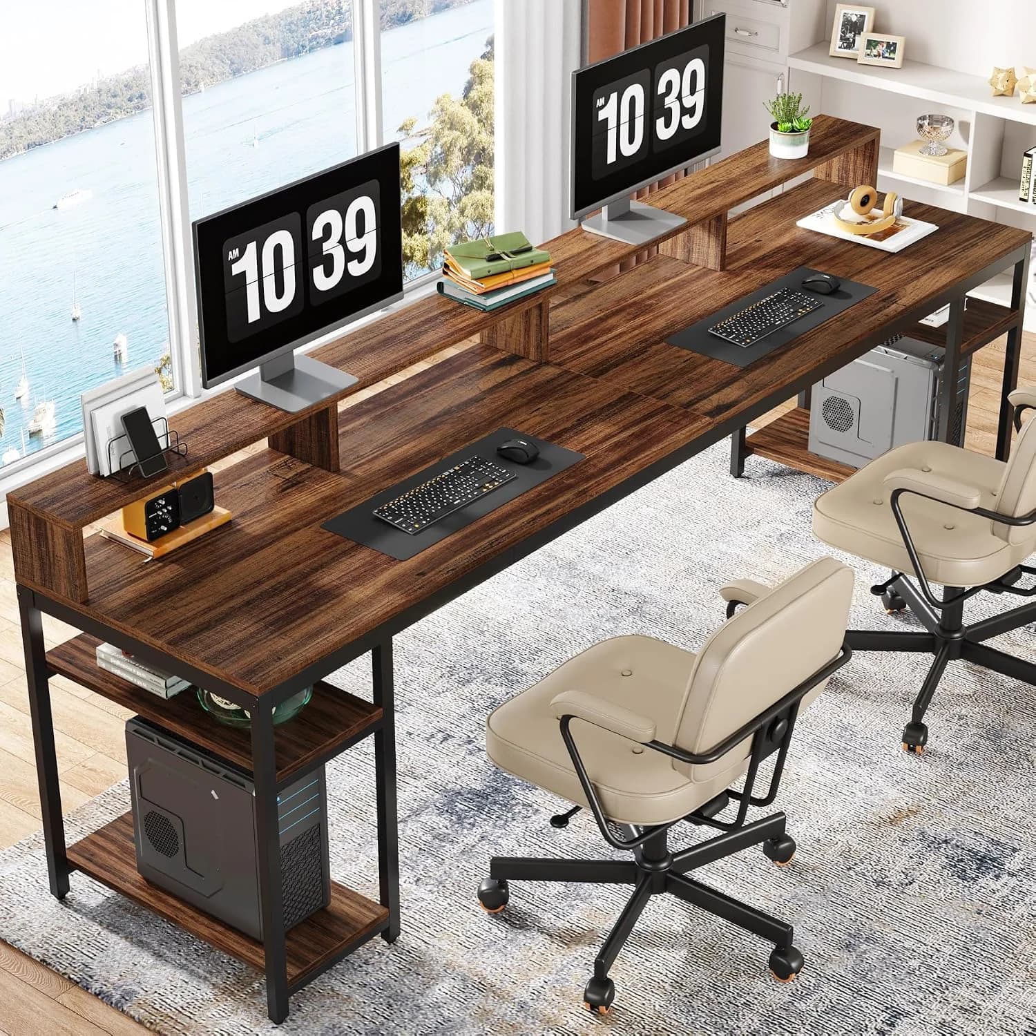 Tribesigns Two Person Desk with Monitor Stand, 78.74" Long Double Computer Office Desk with Storage Shelves, Large Gamin