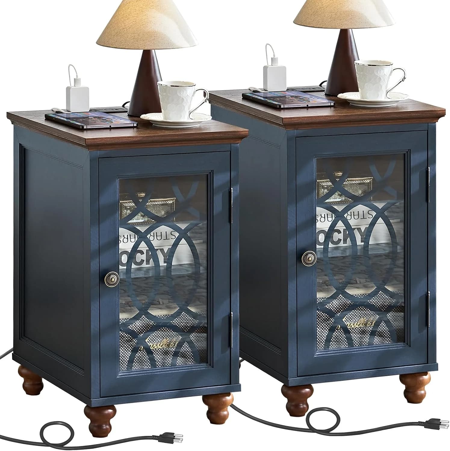 Joaxswe Narrow Side Table Set 2 with Charger, Glass Door Storage