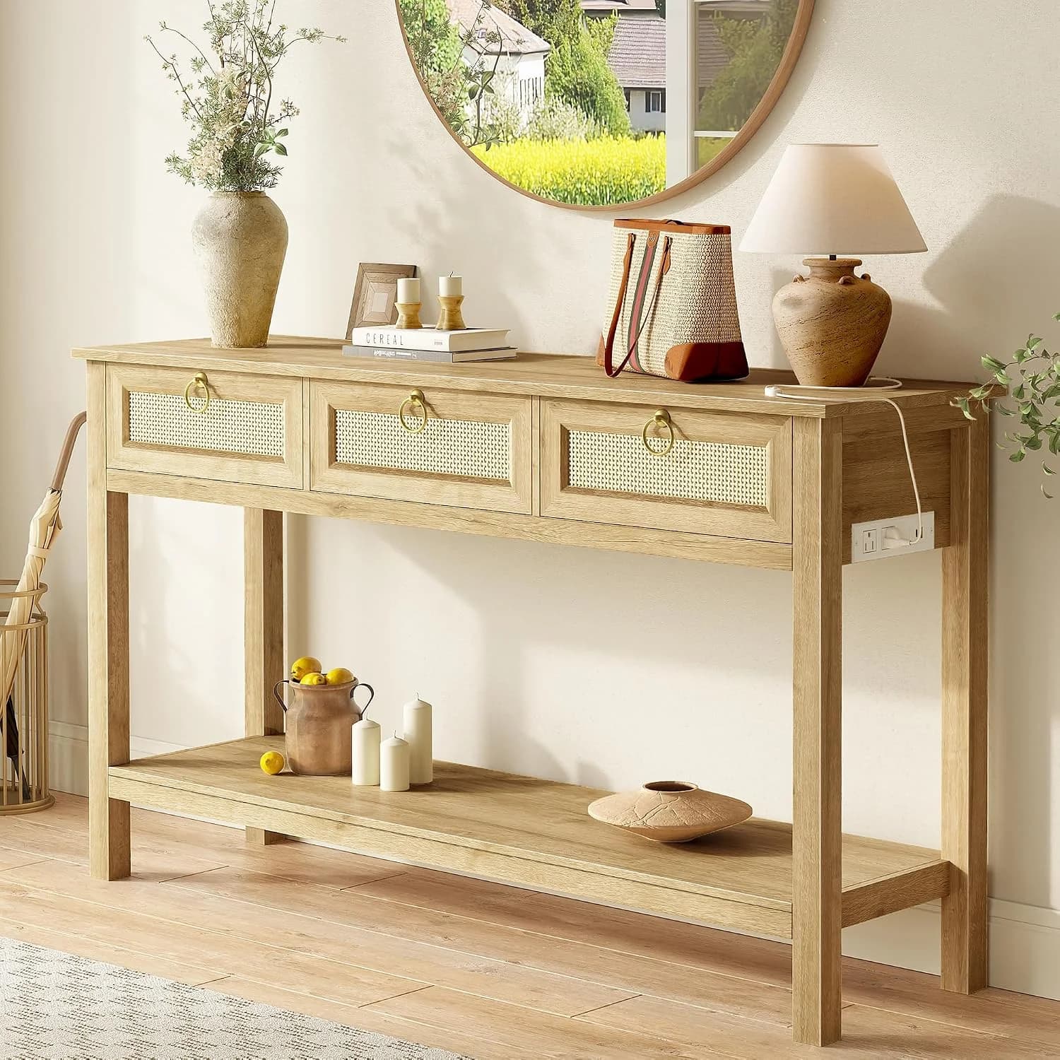 SUPERJARE Rattan Console Sofa Table with Outlets, USB-C Port and 3 Drawers