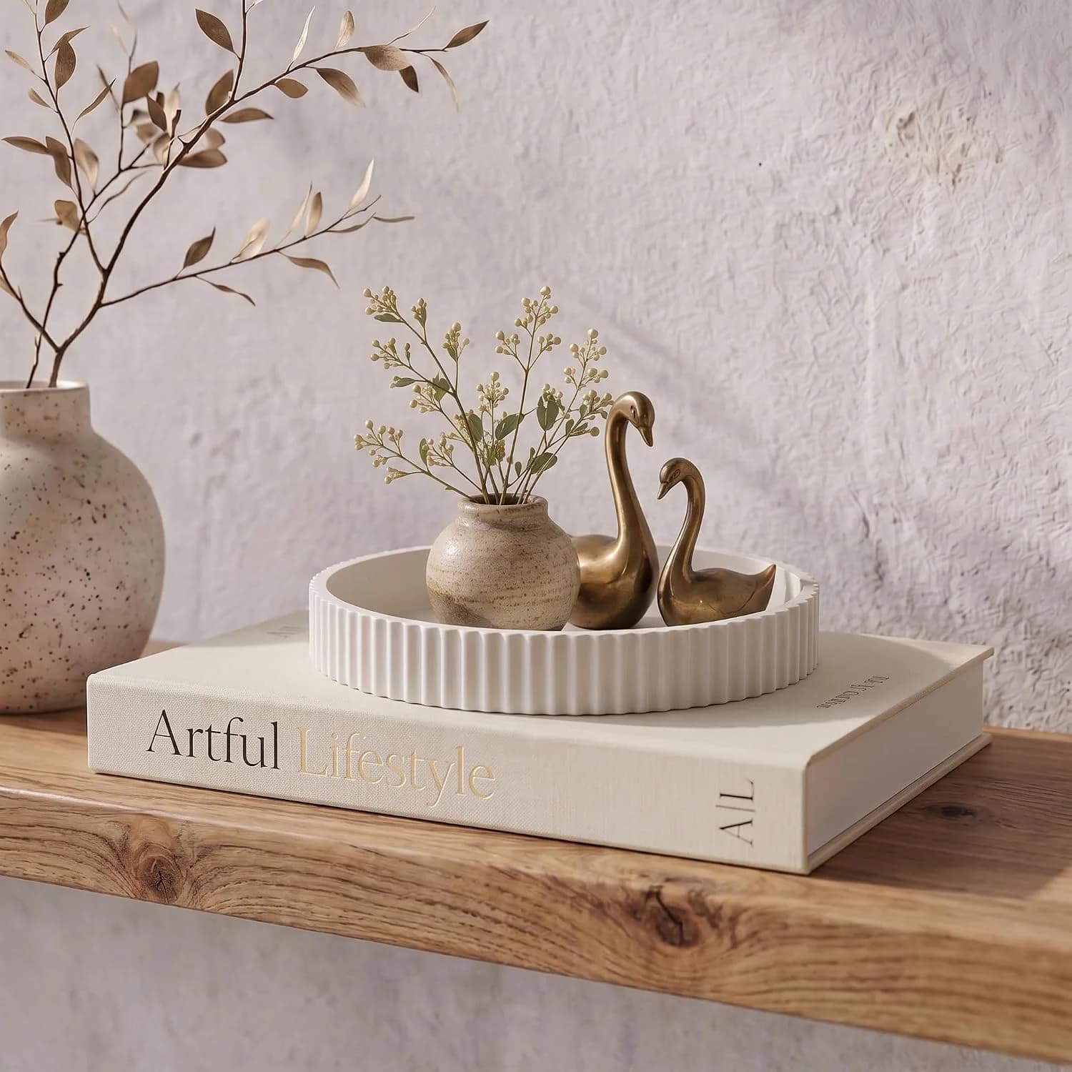 Decorative Concrete Tray & Book Decor Set - Scalloped Tray & Linen Box