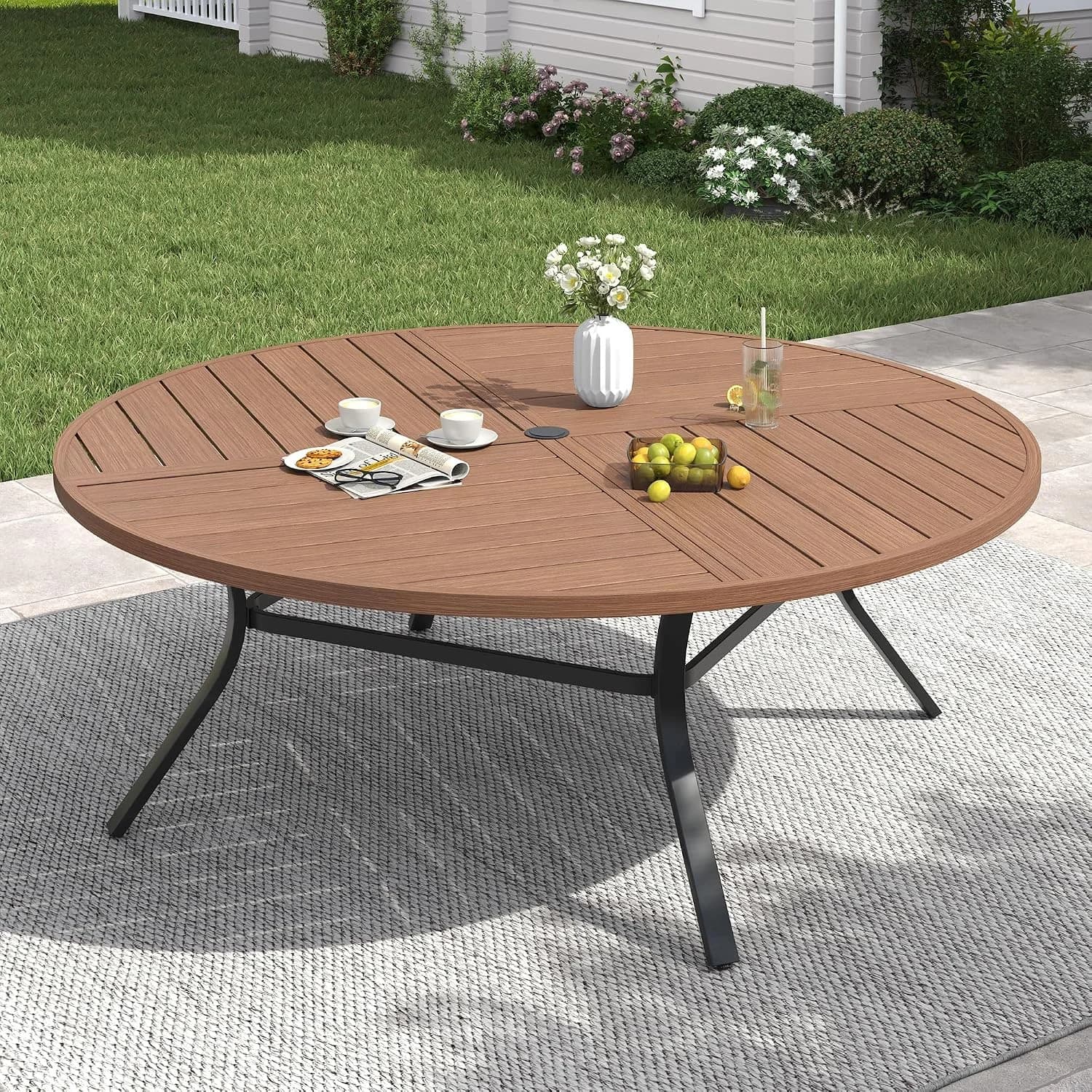 VICLLAX 63" Round Patio Table w/Umbrella Hole, Metal Dining Table for 8