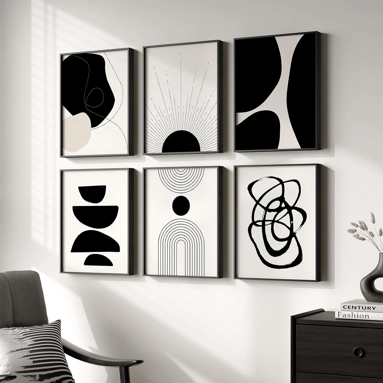 Framed Black and White Modern Abstract Wall Art for Living Room, 6 Pieces