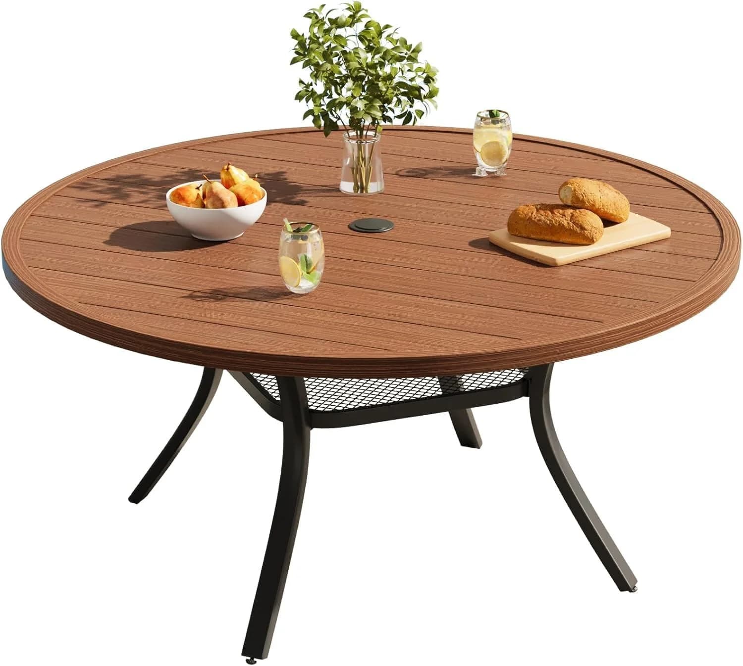 VICLLAX Round Patio Dining Table for 4-6, Outdoor Metal Dining Table with Umbrella Hole for Deck Lawn Garden Backyard, 4