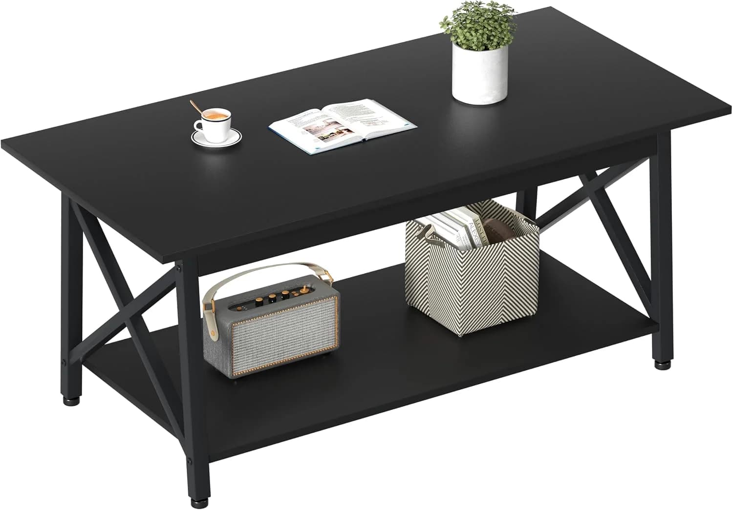 GreenForest Coffee Table with Storage, 43 inch Large Modern Coffee Tables for Living Room, X-Frame Design Farmhouse Coff
