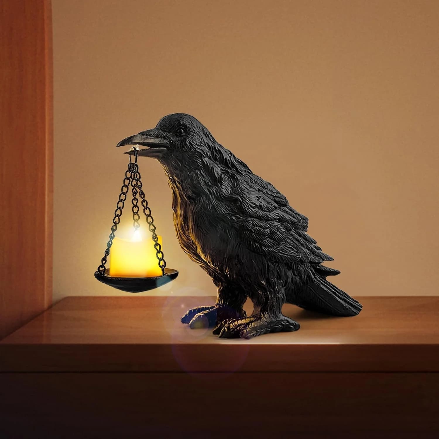 Gothic Crow Lamp with Tealight Candle Holder Resin Raven Decor Statue Gothic Home Decor for Bedroom Unique Goth Gifts Bl