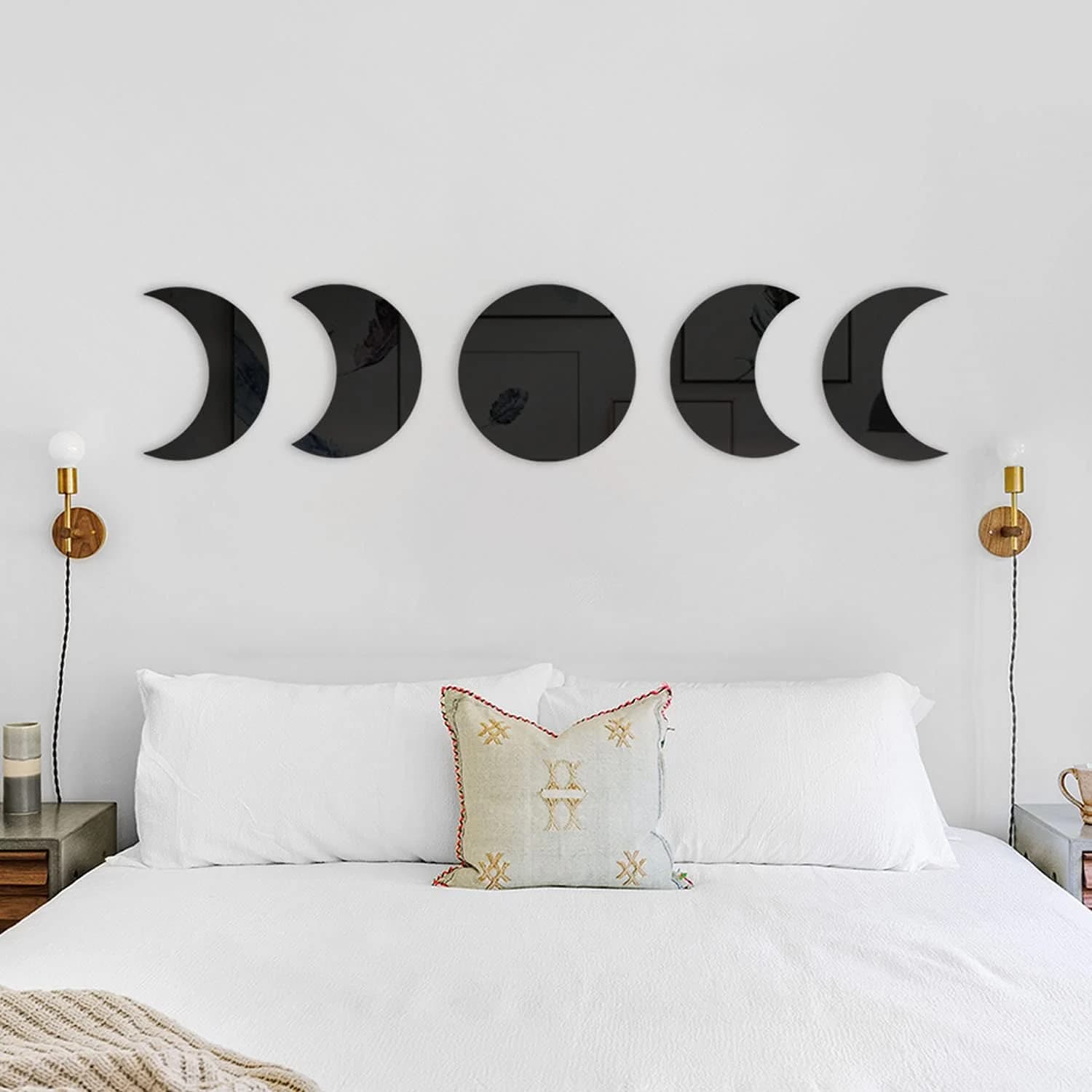 Moon Phases Mirror Set Boho Decor Halloween Scandinavian Natrual Black Wall Decorations Nordic Style Moon Wall Sticker I