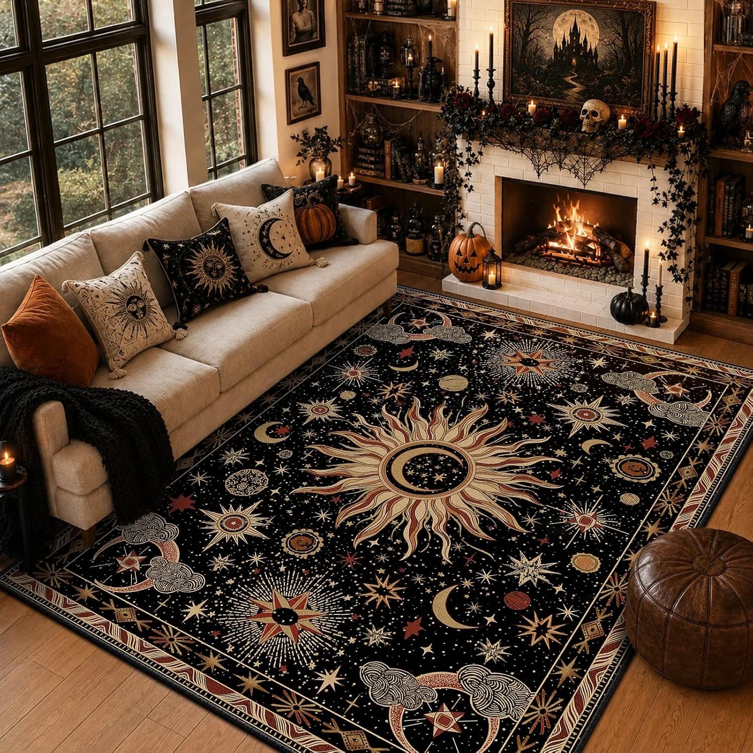 Vacuum-Friendly, 8x10 Washable Area Rug, Black Gold Beige Red