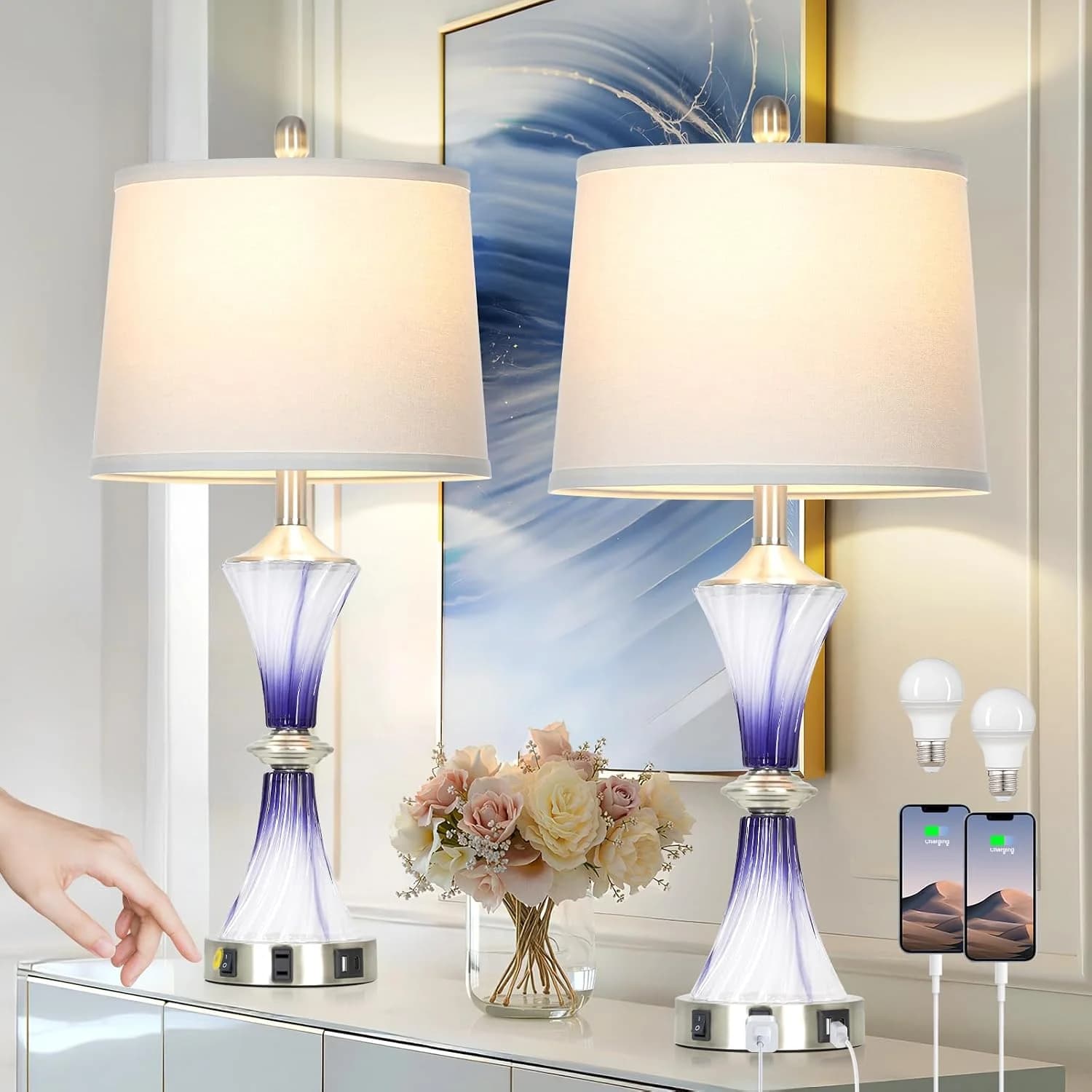 Rinweey Purple Glass Table Lamp Set of 2 with USB C+A Ports & AC Outlet, Bedside Lamp, Modern Bedroom Lamps, Crystal Lam