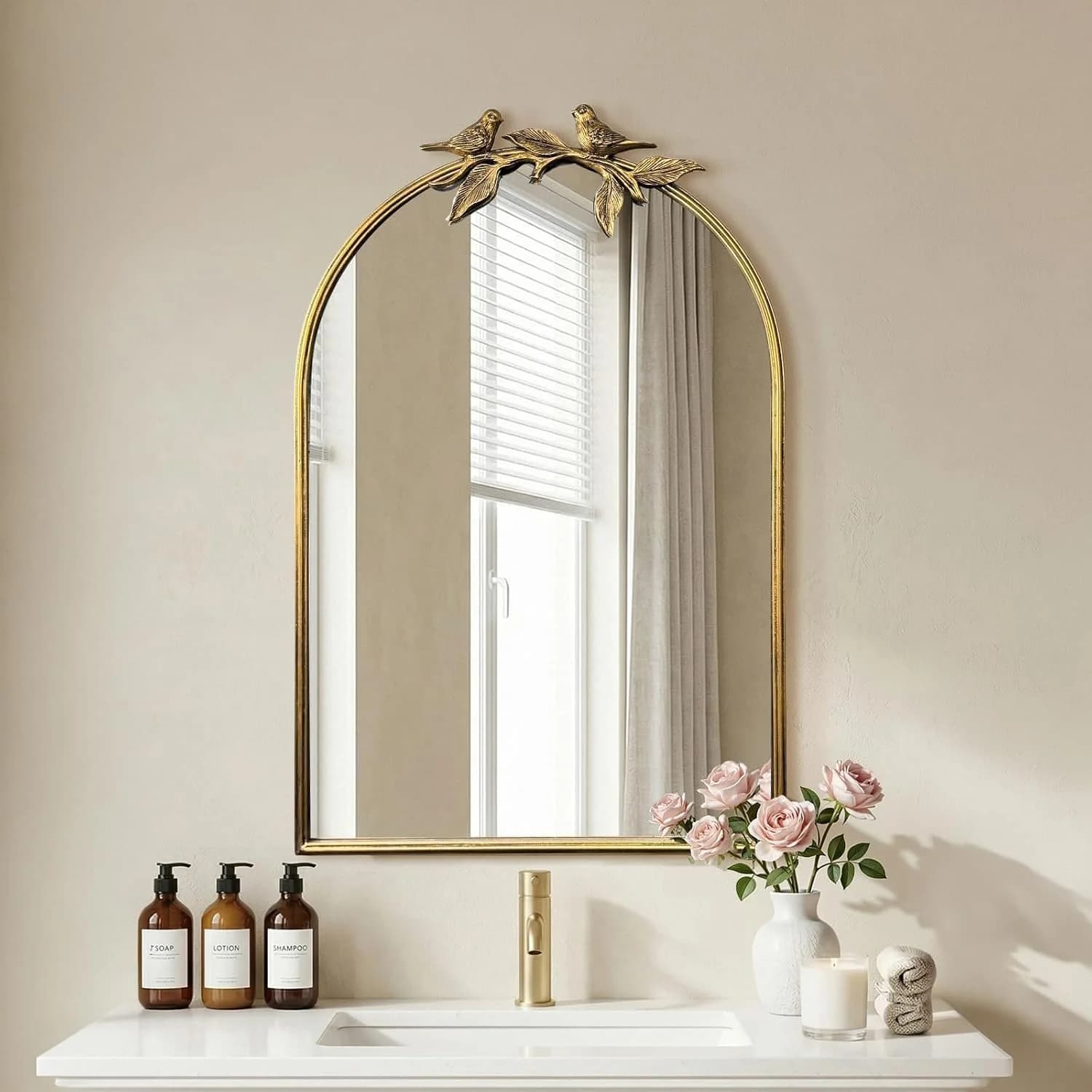 Gold Baroque Vintage Mirror for Vanity 36x24Inch Gold Antique with Ornate Frame, Arched Vintage Wall for Bathroom, Livin