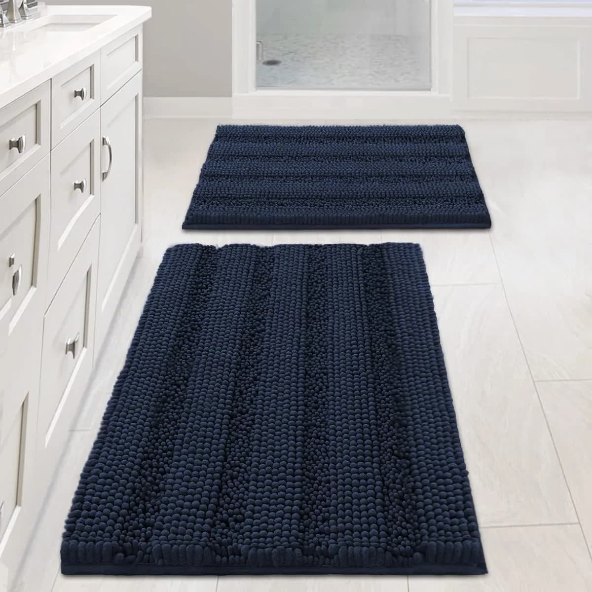 H.VERSAILTEX Navy Blue Bathroom Rugs 2 Piece, Bath Mat Set Slip-Resistant Extra Absorbent Soft and Fluffy Striped Chenil