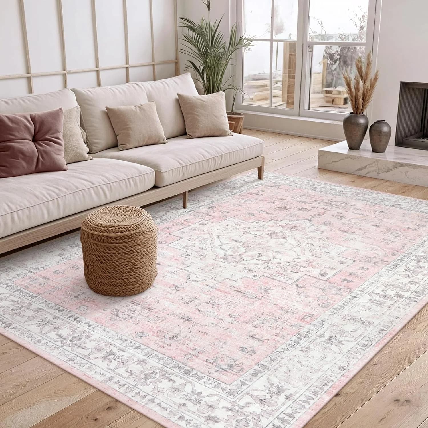 LIVEBOX Pink 5x7 Area Rug for Bedroom Girls, Boho Washable Rugs for Living Room Nursery, Non-Slip Indoor Soft Carpet Low