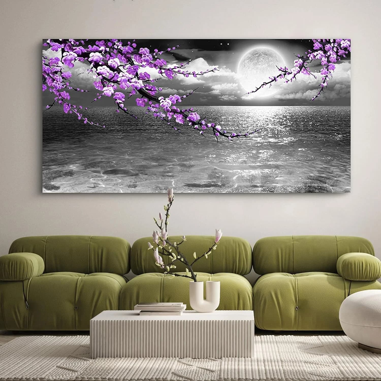 Large Purple Wall Art Decor for Living Room Bedroom Framed Black and White Seascape Full Moon Purple Flower Painting Can