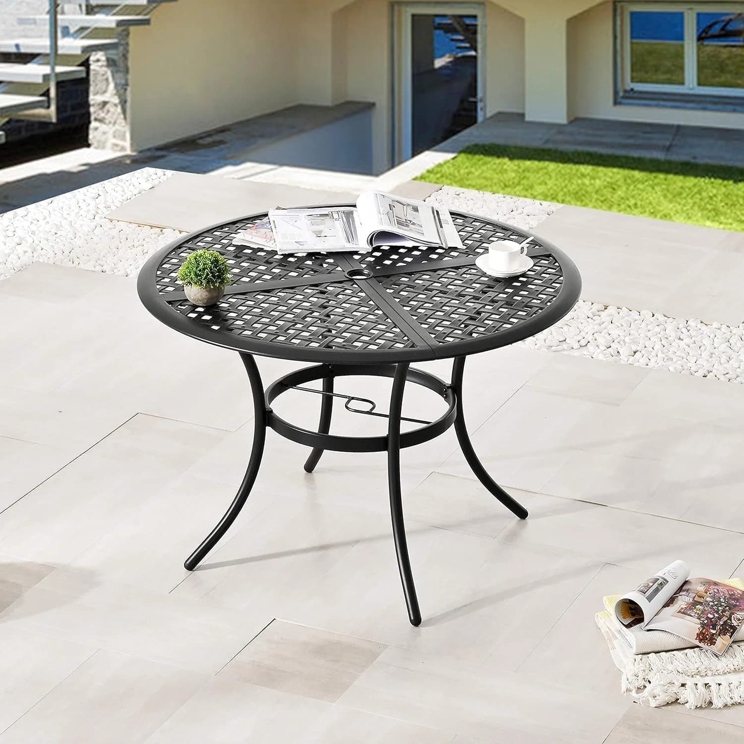 LOKATSE HOME 41.7" Outdoor Patio Round Dining Table with Umbrella Hole, Steel Frame for Backyard Lawn Balcony Deck