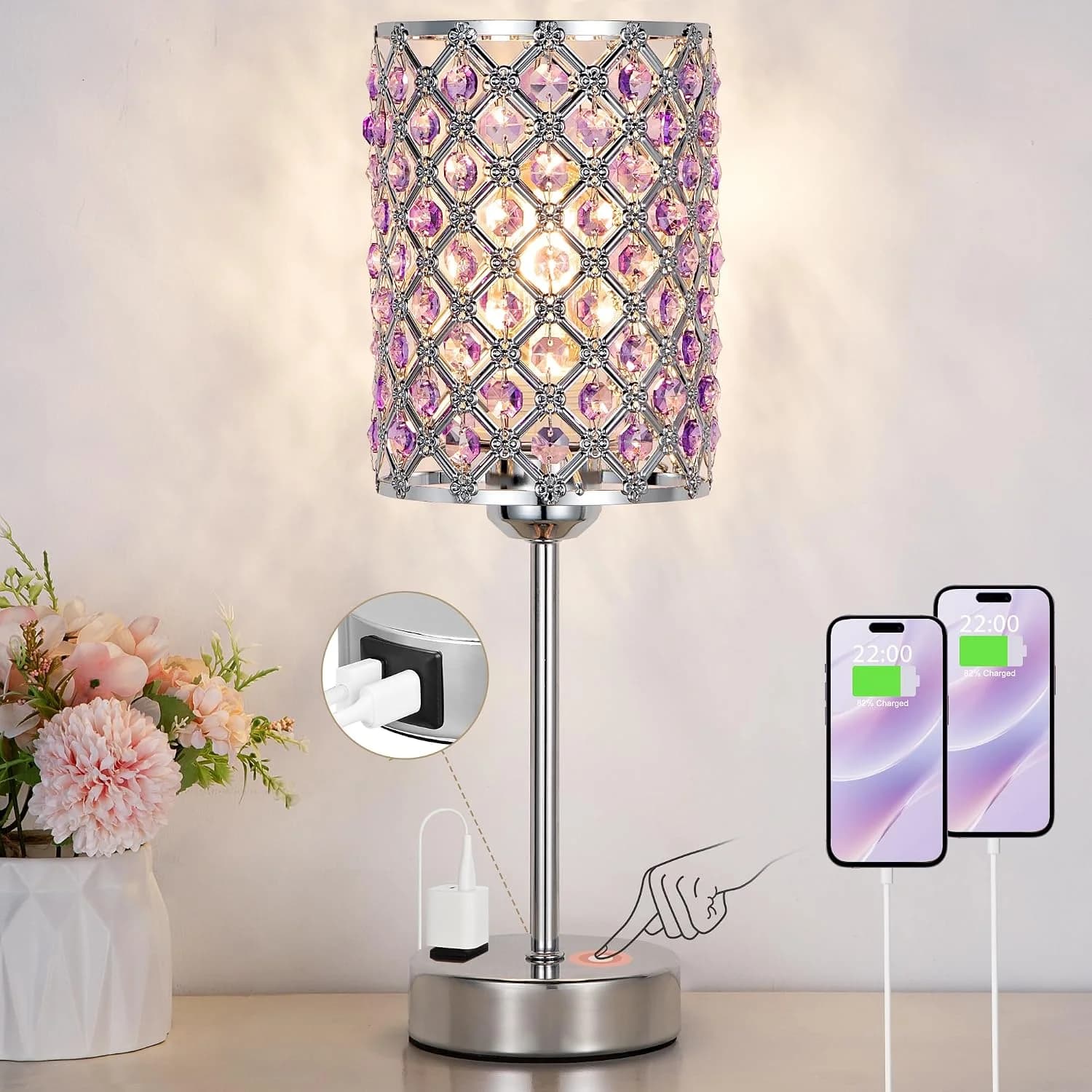 Hong-in Crystal Lamps for Night Stands, Purple Table Lamp for Bedroom