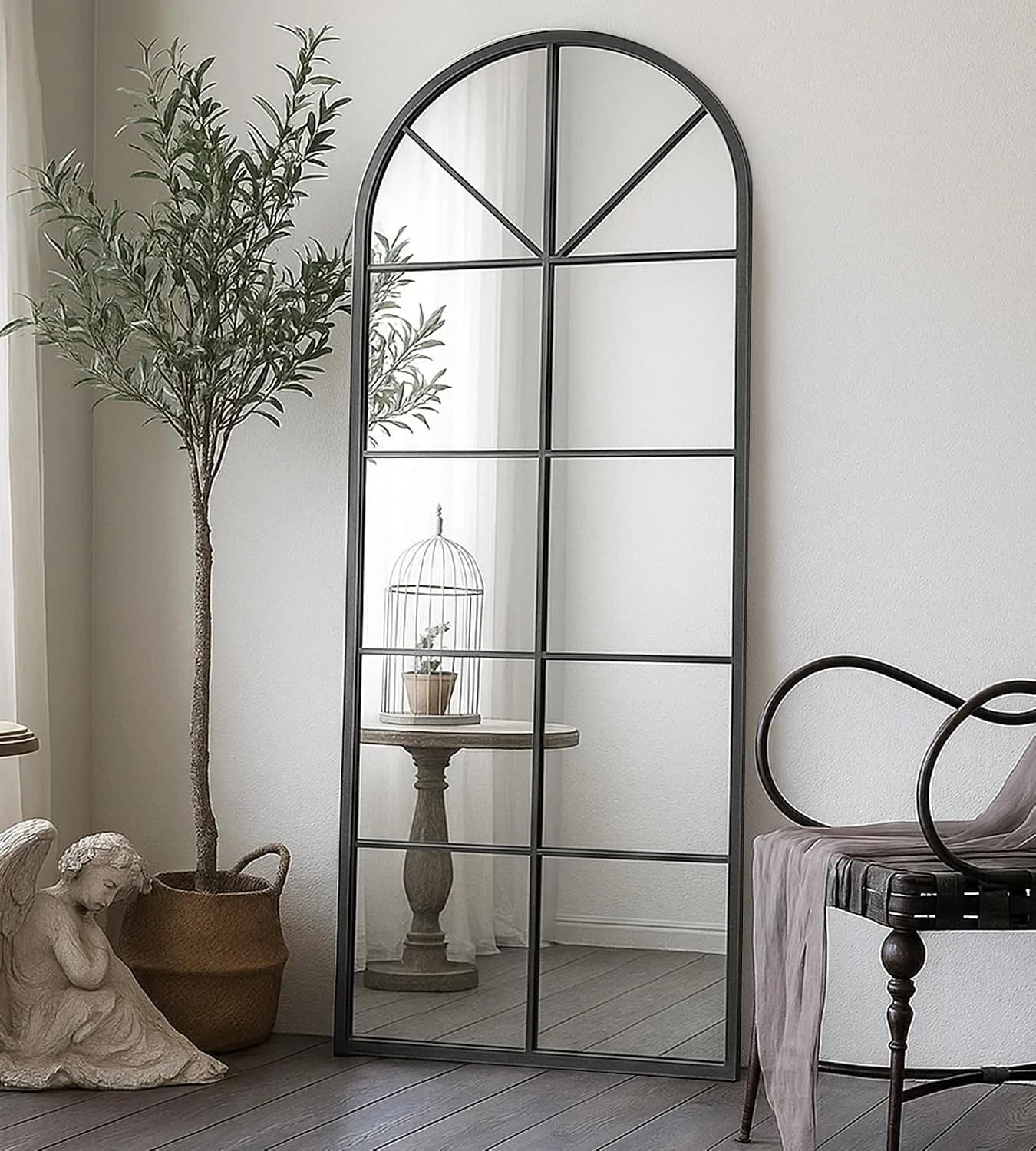 Floor Length Mirror, Black Wall Mirror, 56"x22" Large Arched Window Pane Mirrors, Oversize Farmhouse Full Body Standing