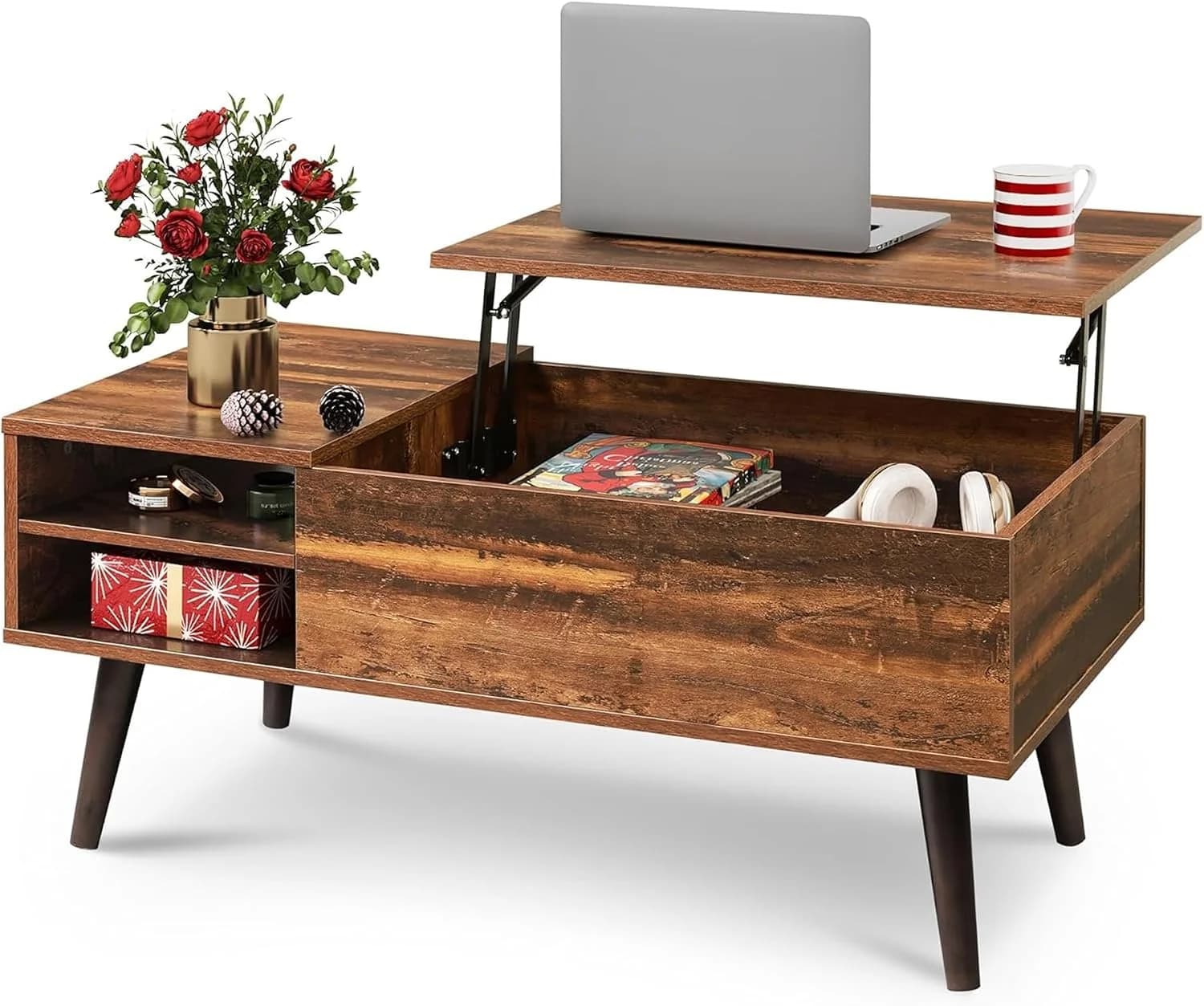 WLIVE Lift Top Coffee Table with Hidden Storage, Adjustable Shelf, Brown