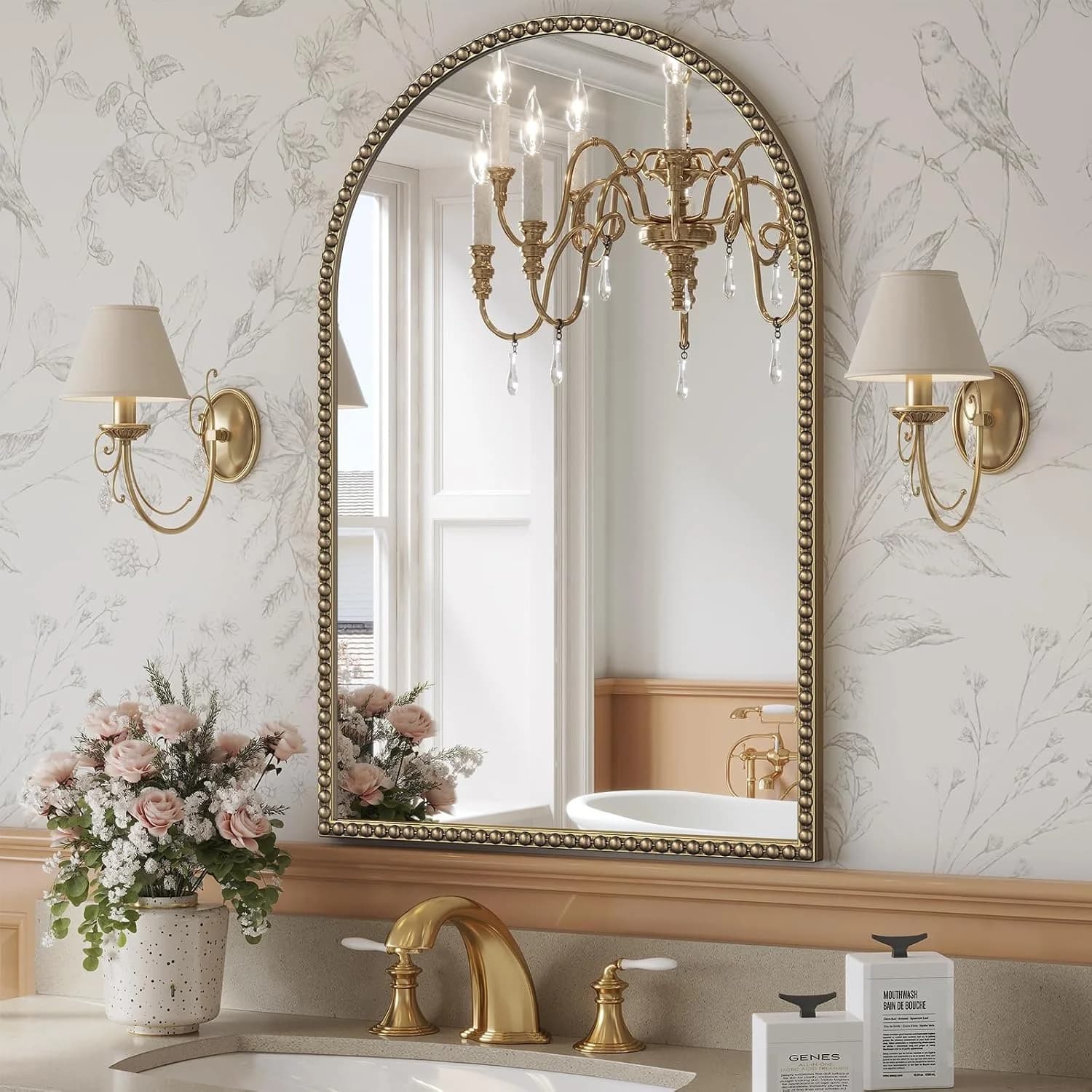 Arched Beaded Mirror, 24"x36" Champagne Bronze Mirror for Bathroom