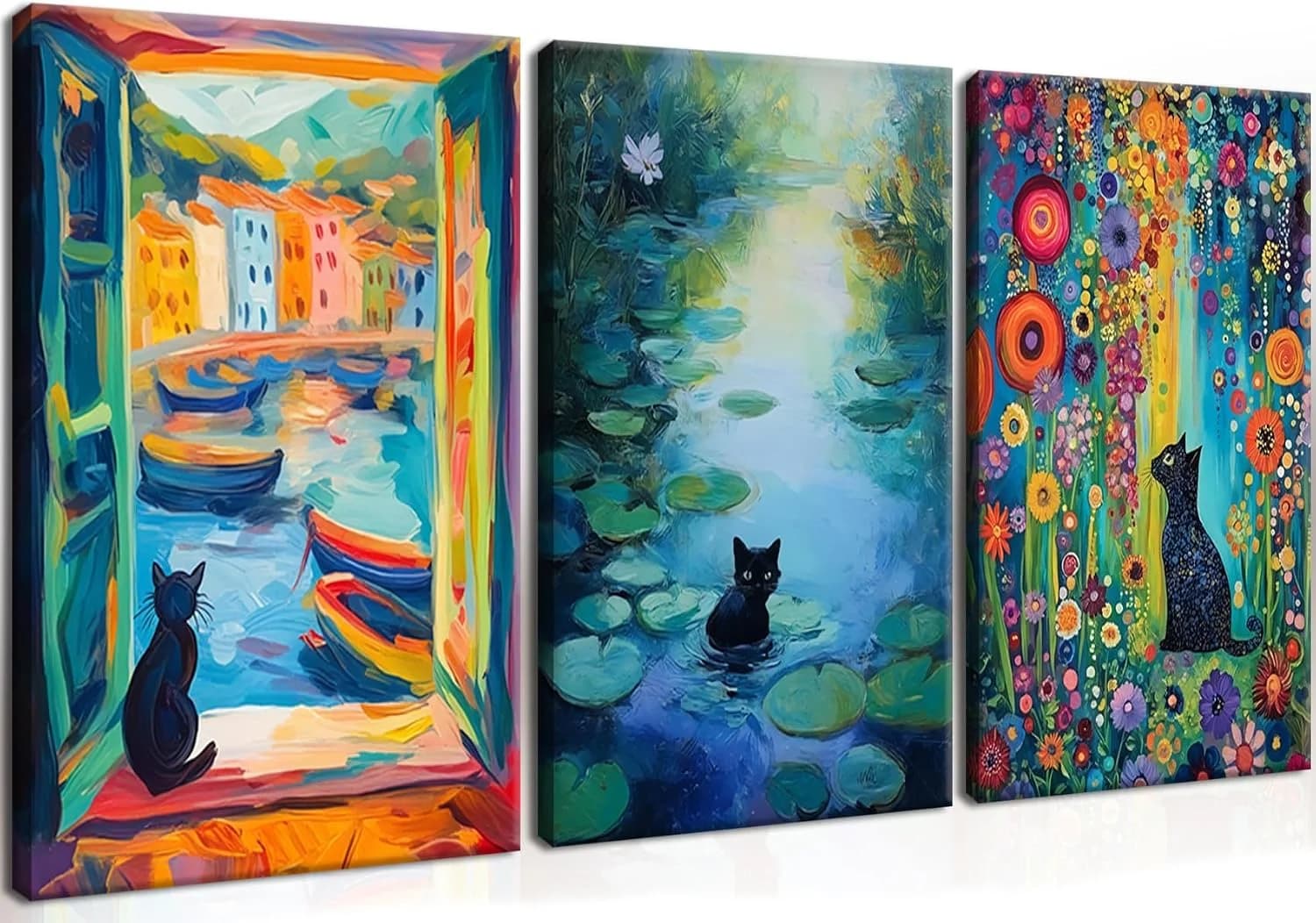 MUWAK Framed Funny Monet Black Cat Canvas Wall Art – Whimsical Matisse Cat Artwork Prints Wall Decor, Cute Animal Aesthe