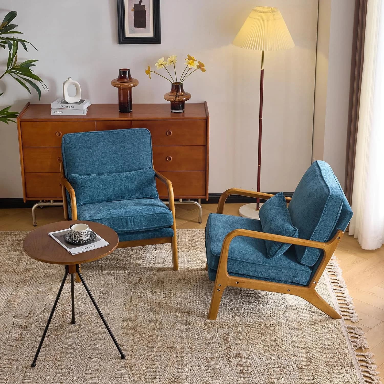 VINGLI Chenille Mid-Century Modern Accent Chair Set of 2, Cute Reading Arm Chair with Cushion & Lumbar Pillow & Solid Wo